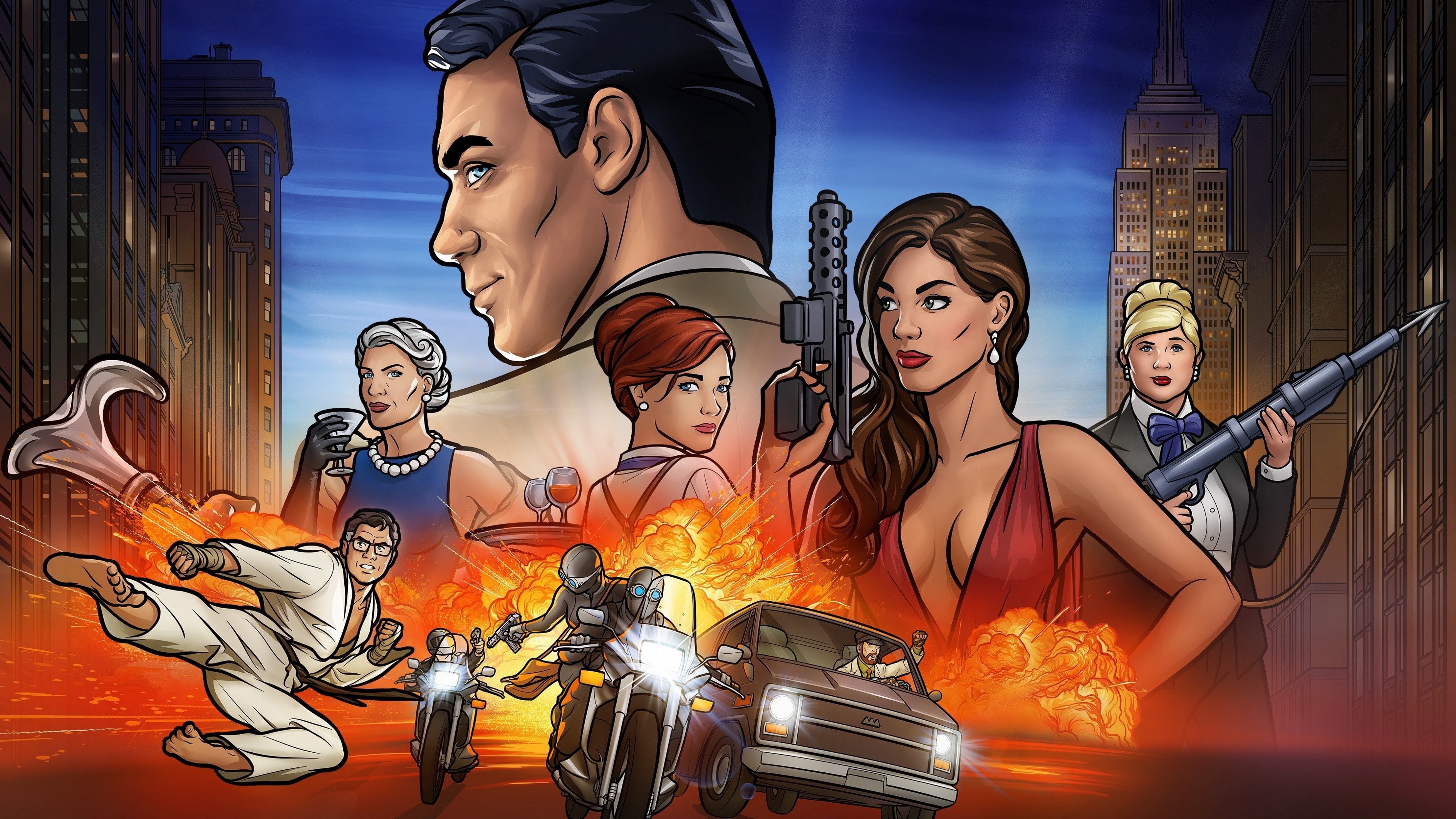 Archer characters in front of New York City skyline HD Wallpaper