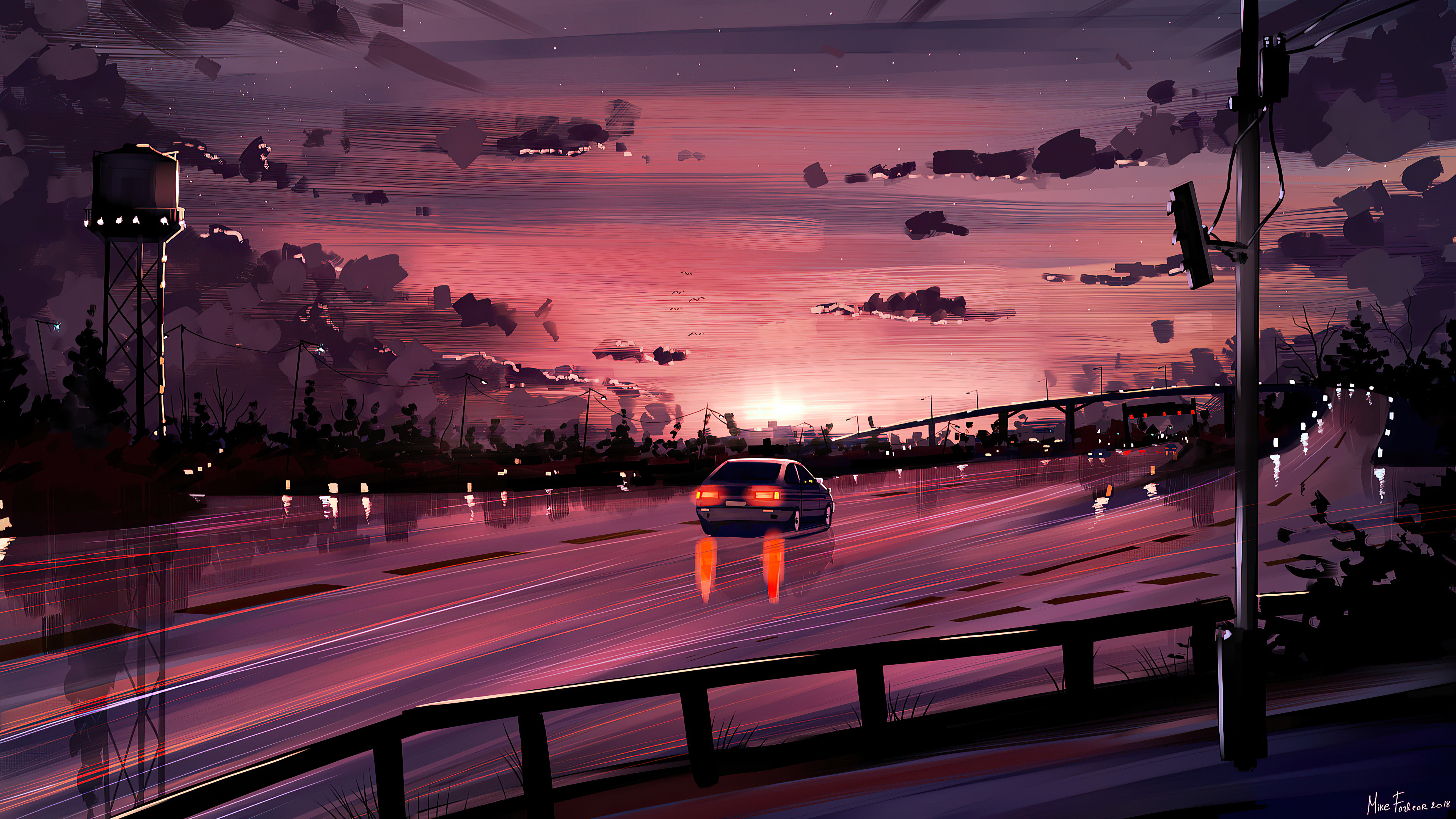 Car driving on highway at sunset, digital art HD Wallpaper