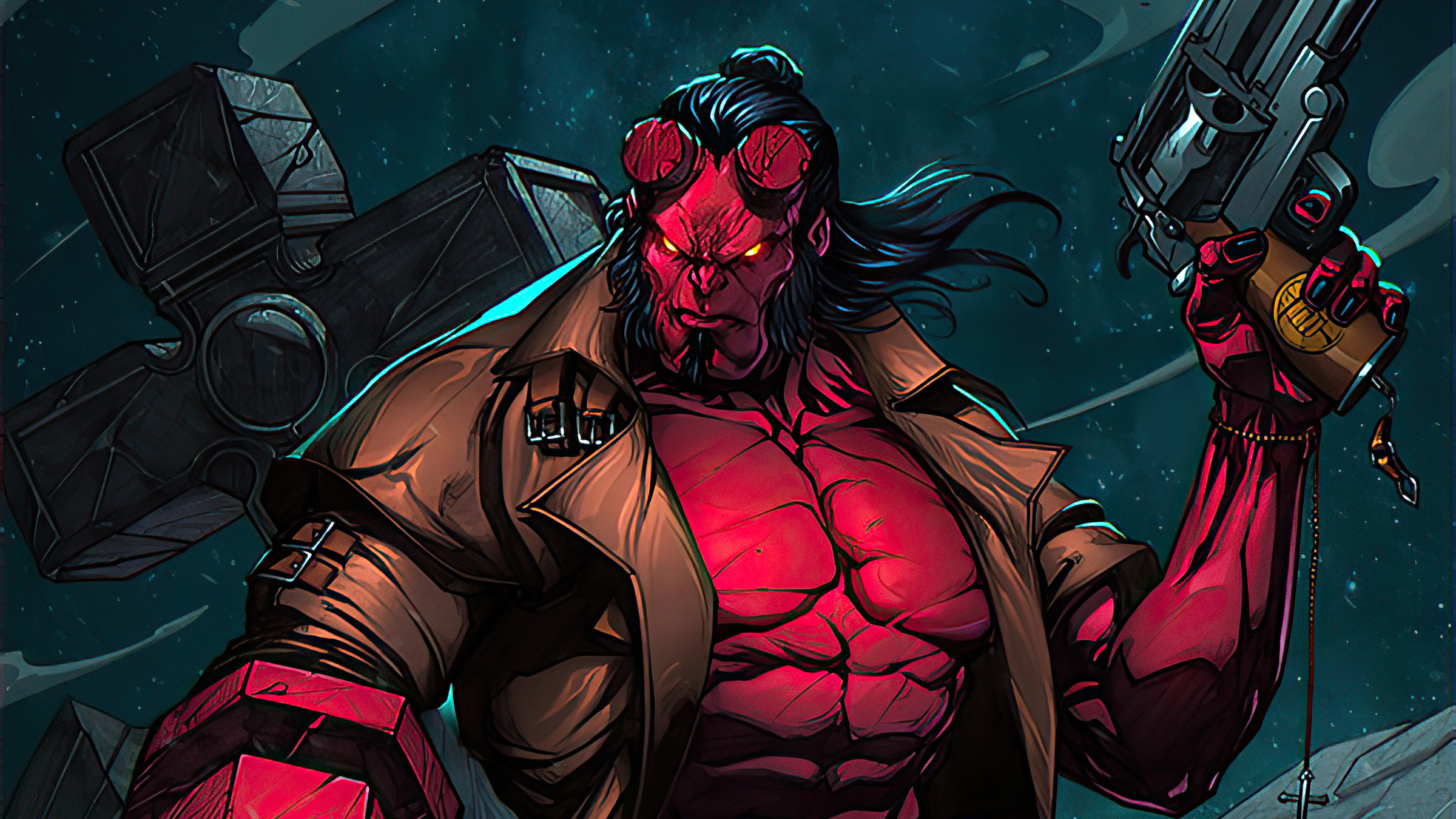 Hellboy holding a gun and a hammer HD Wallpaper