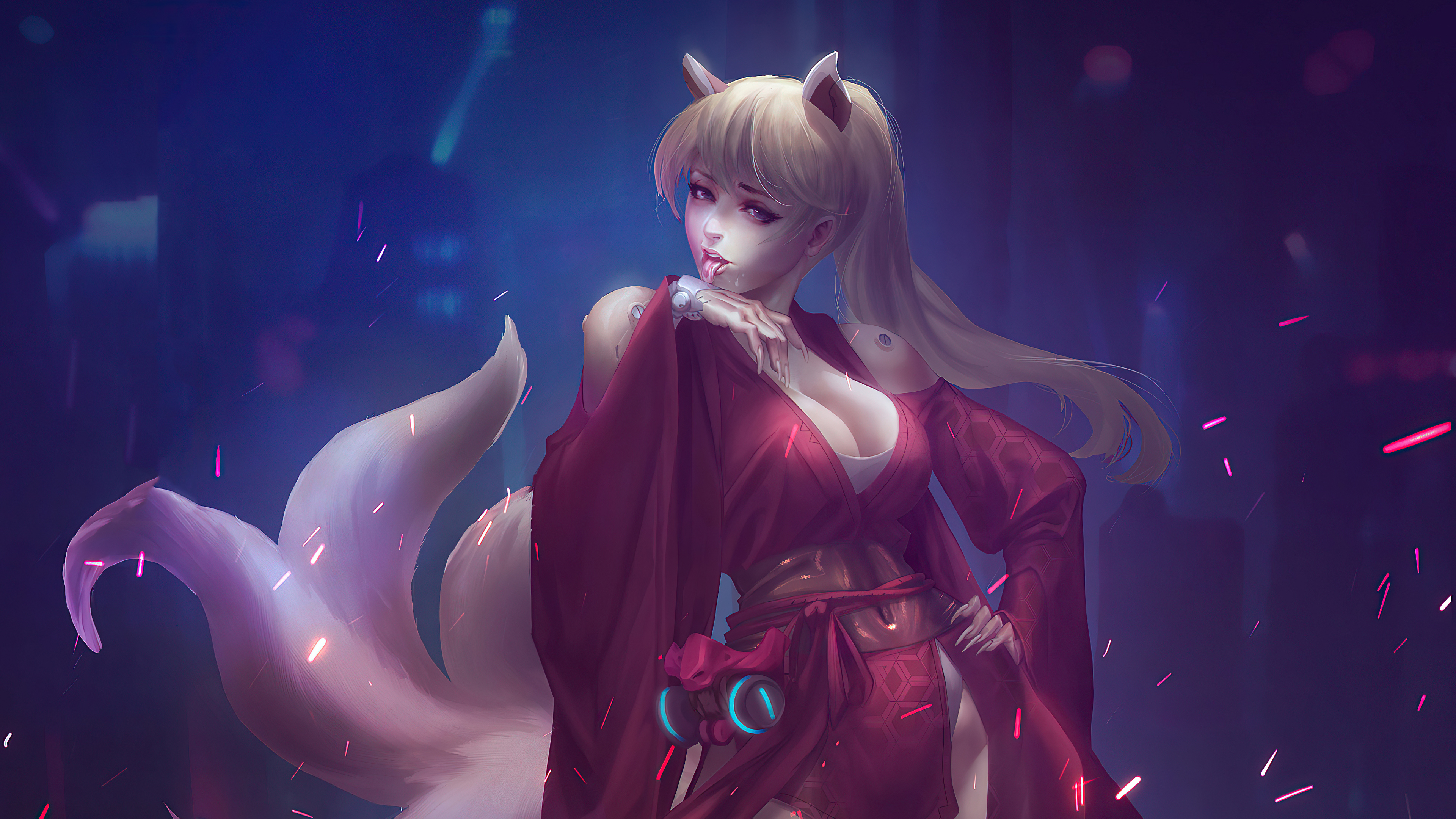 Anime girl with fox ears and tails in red kimono HD Wallpaper