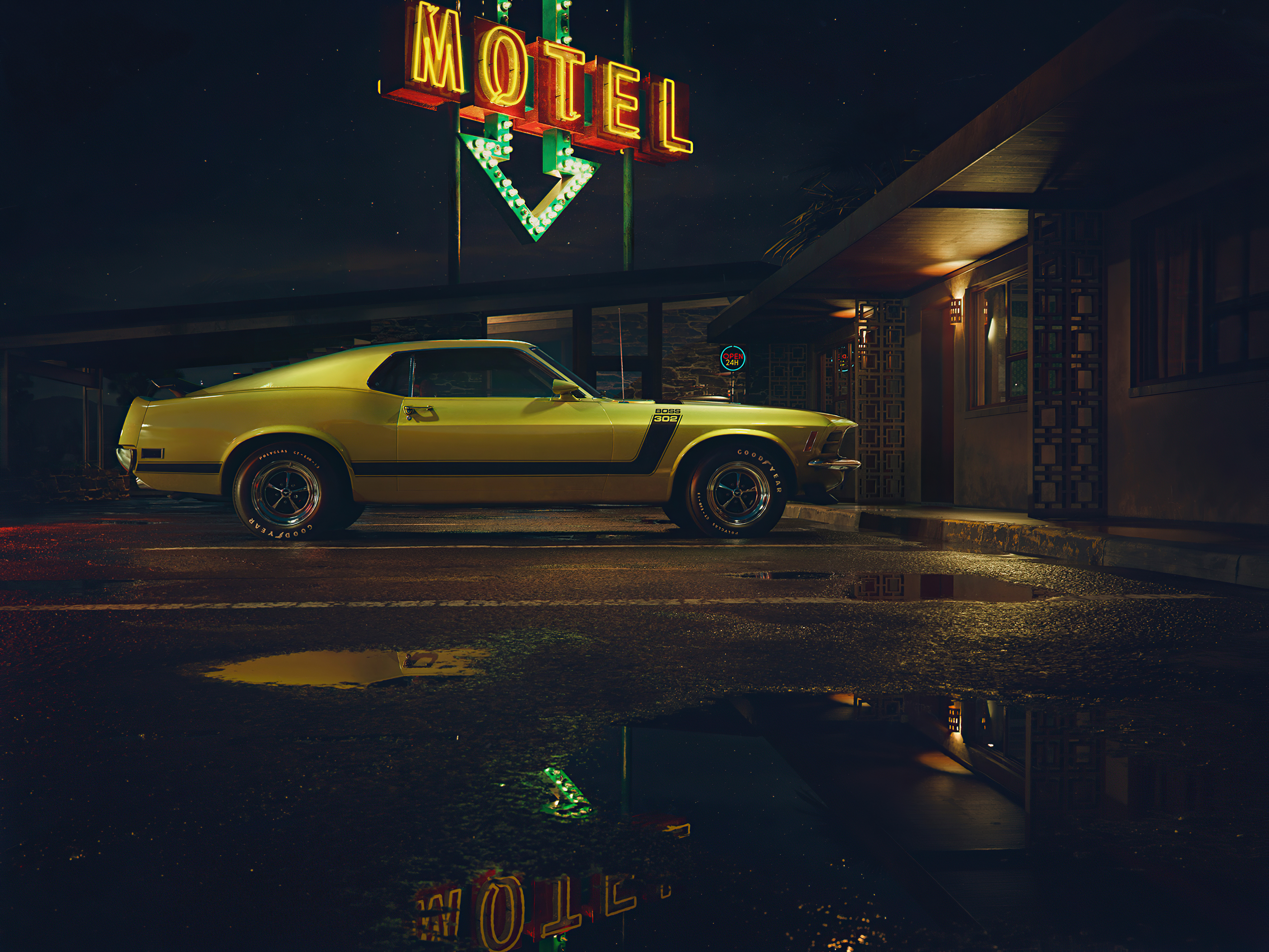 Yellow Ford Mustang Boss 302 at a motel at night HD Wallpaper