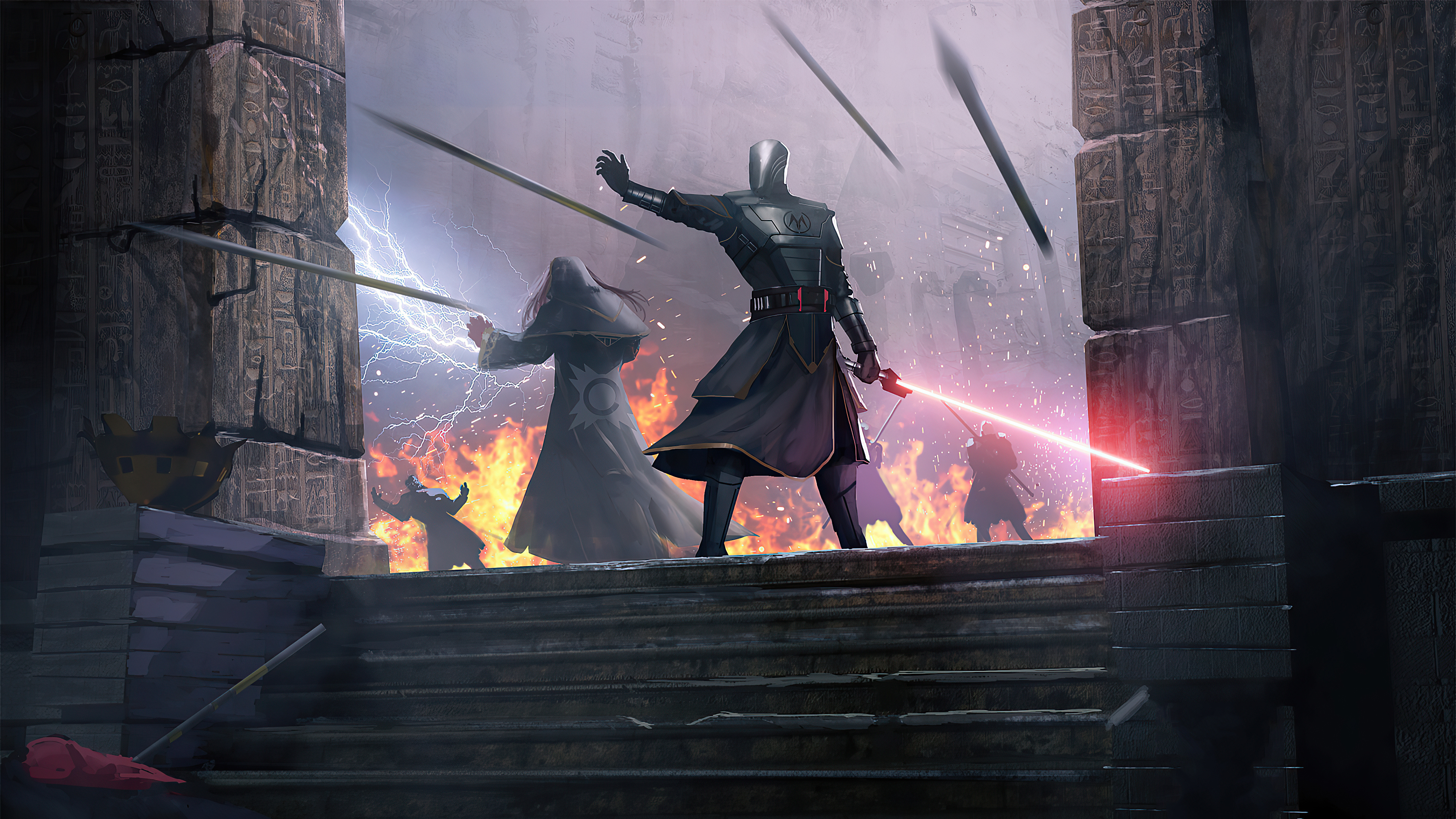 Star Wars Sith Lords fighting in ancient ruins HD Wallpaper