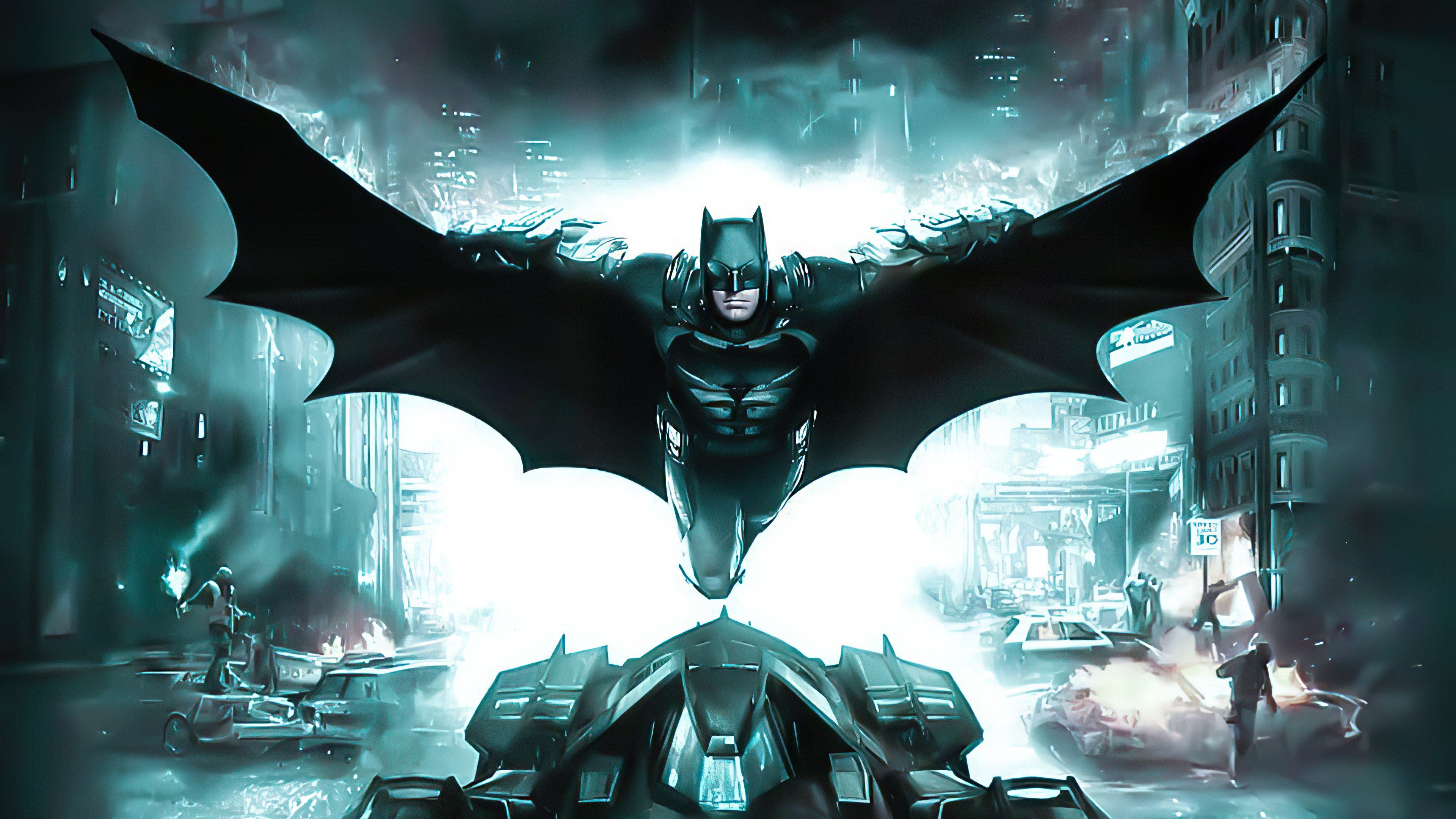 Batman flying over a destroyed city with the Batmobile HD Wallpaper