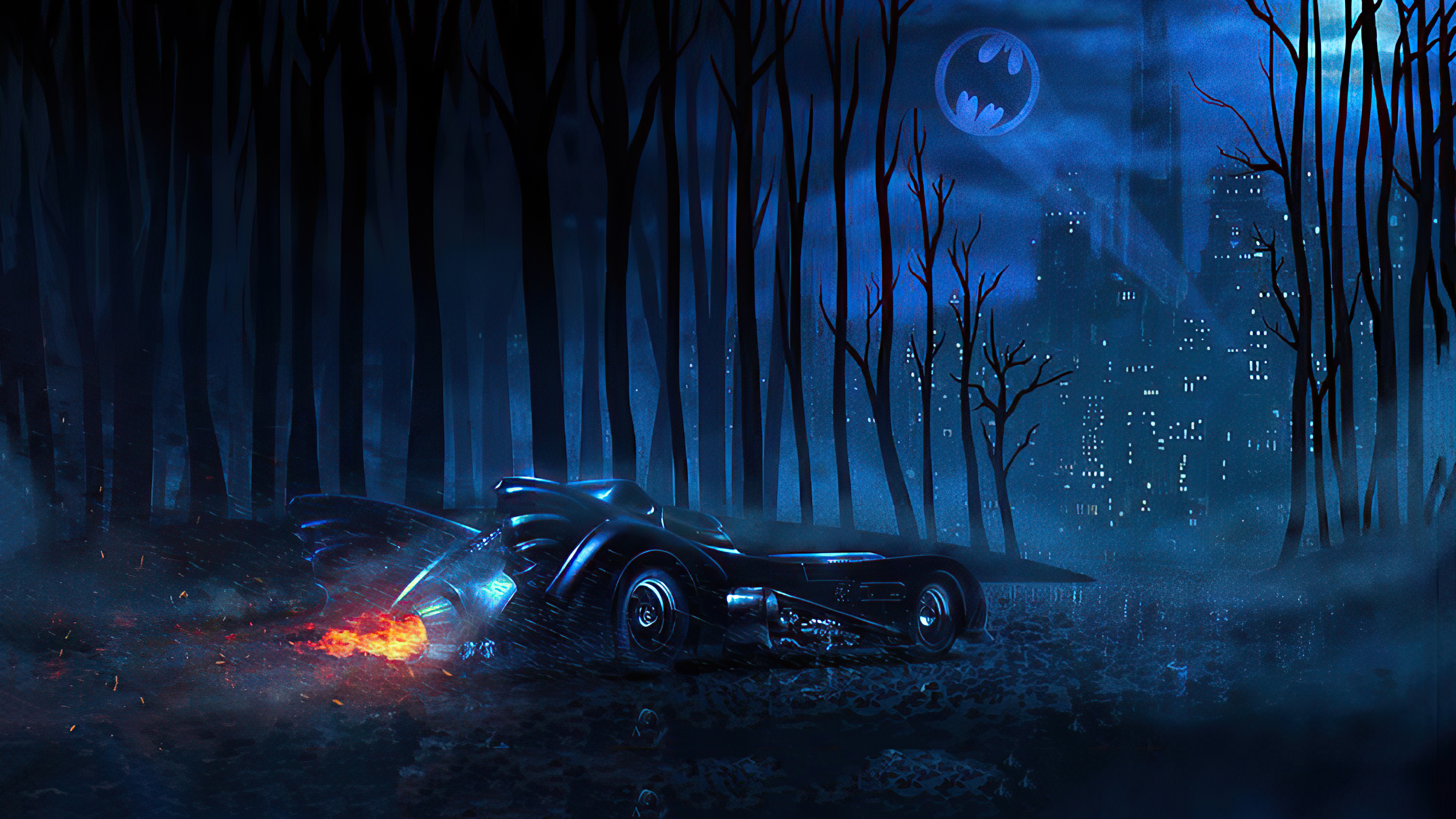 Batmobile in a dark forest with Gotham City skyline HD Wallpaper