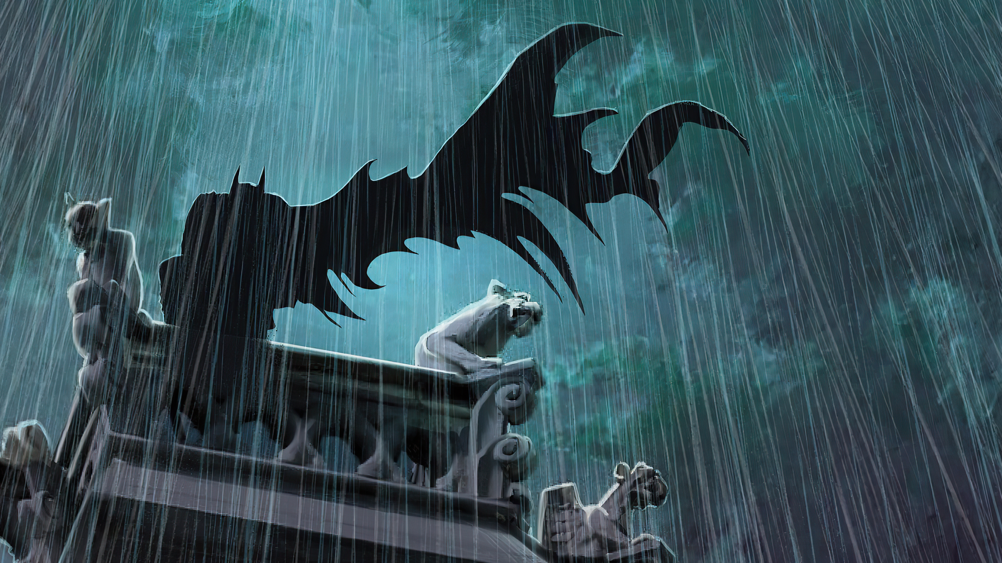 Batman in the rain with gargoyles 4K HD Wallpaper