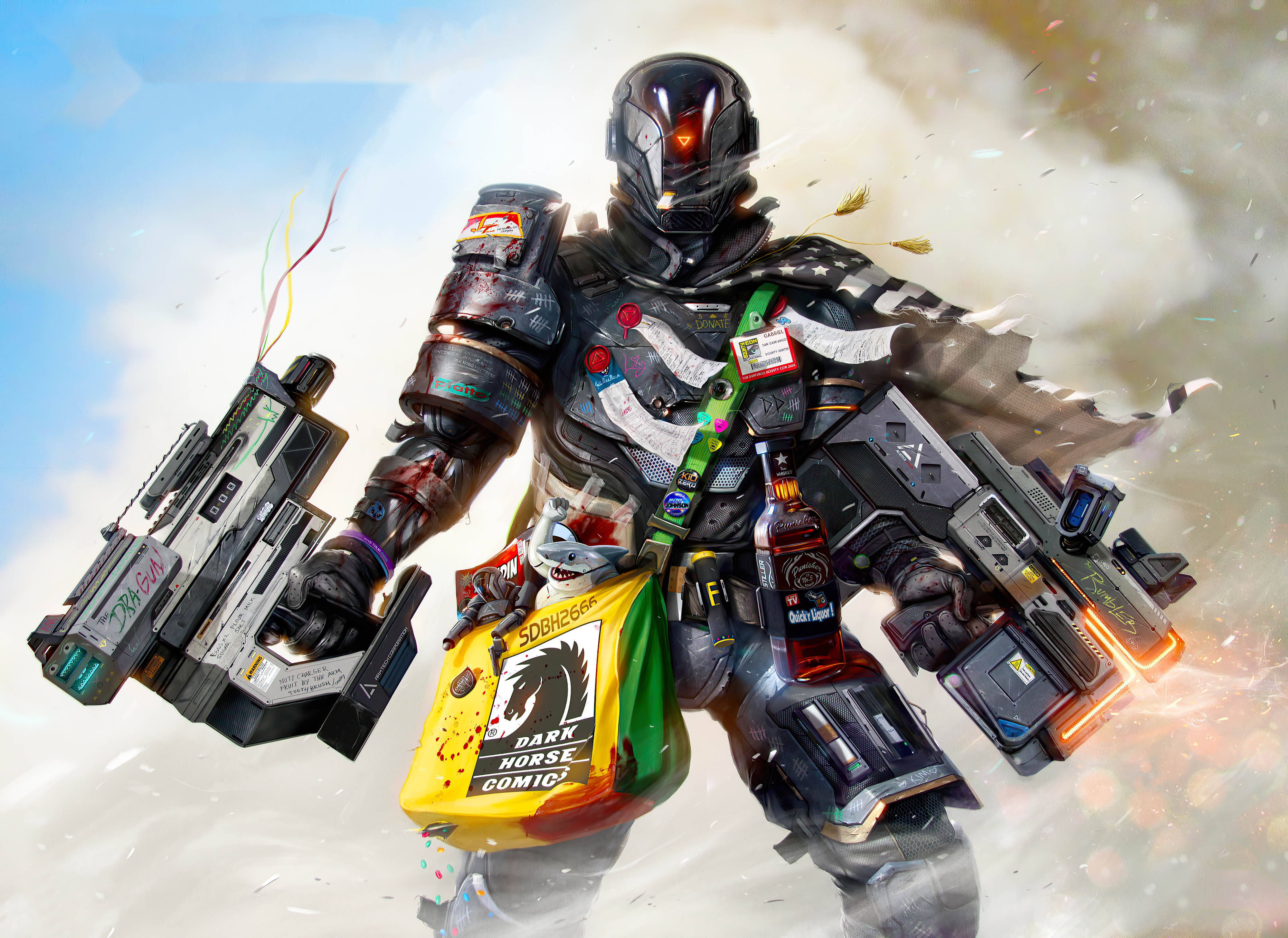 Artwork of a futuristic soldier with guns HD Wallpaper