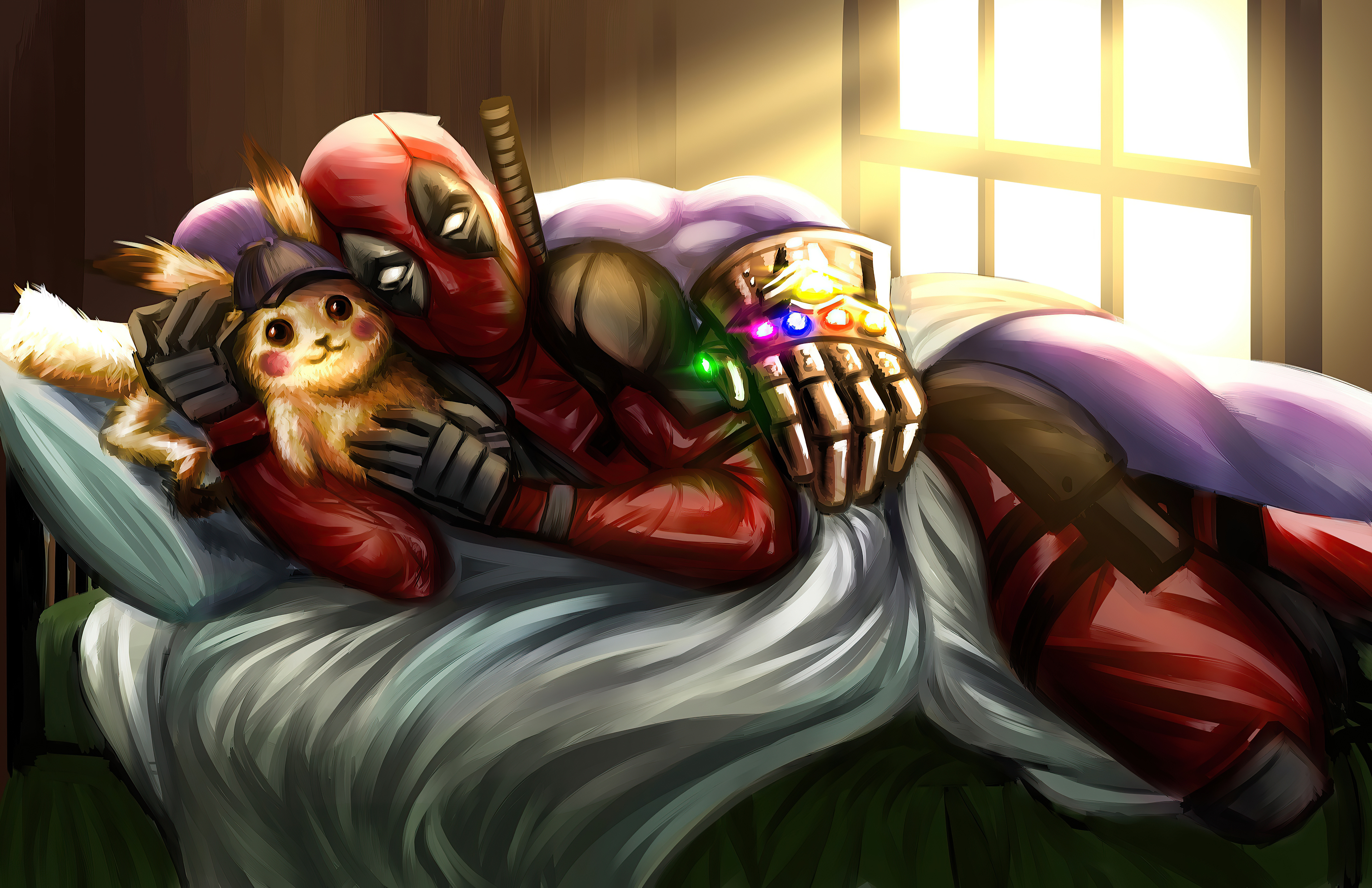 Deadpool cuddling Pikachu with Infinity Gauntlet HD Wallpaper