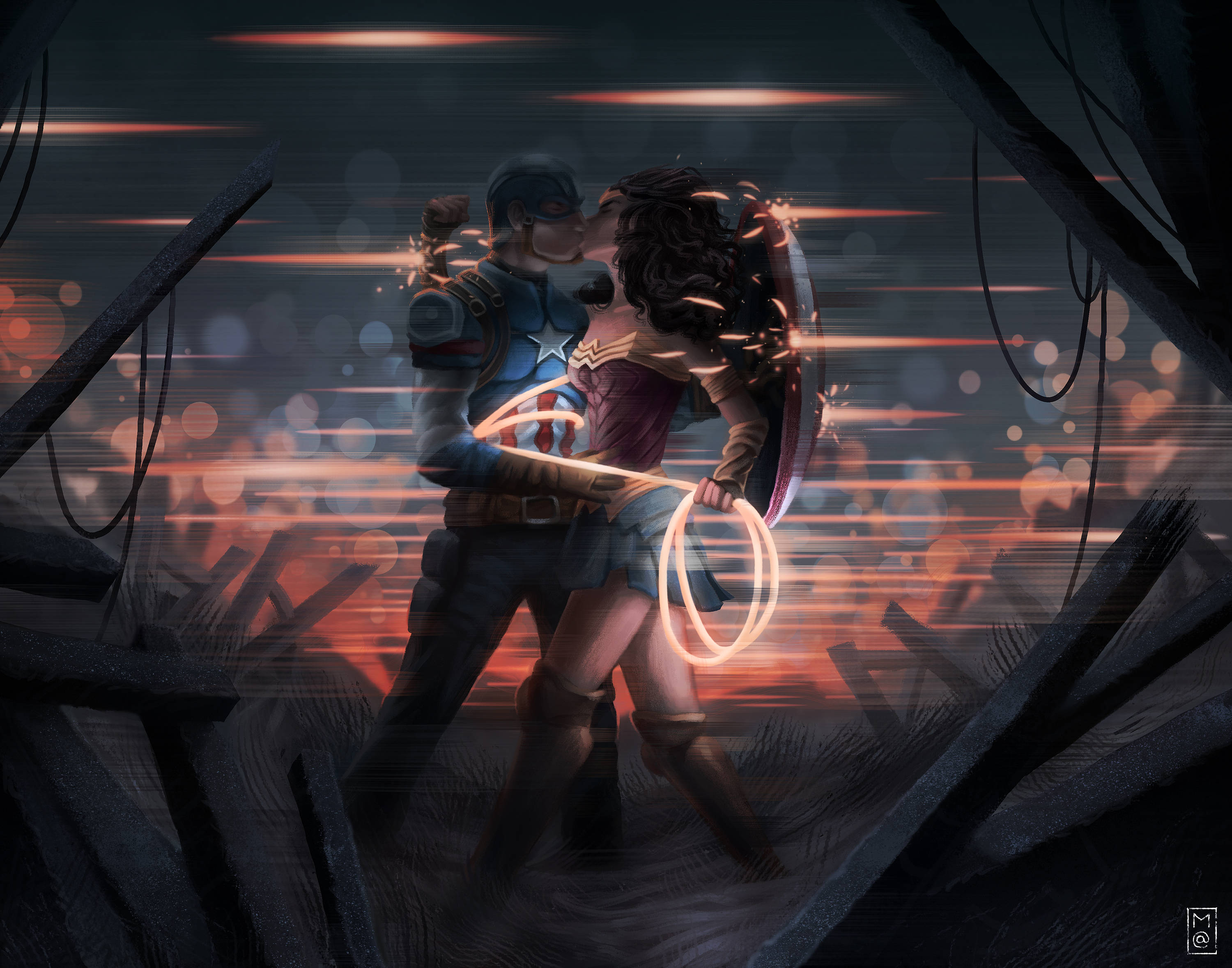 Captain America and Wonder Woman kissing in front of blurred lights HD Wallpaper