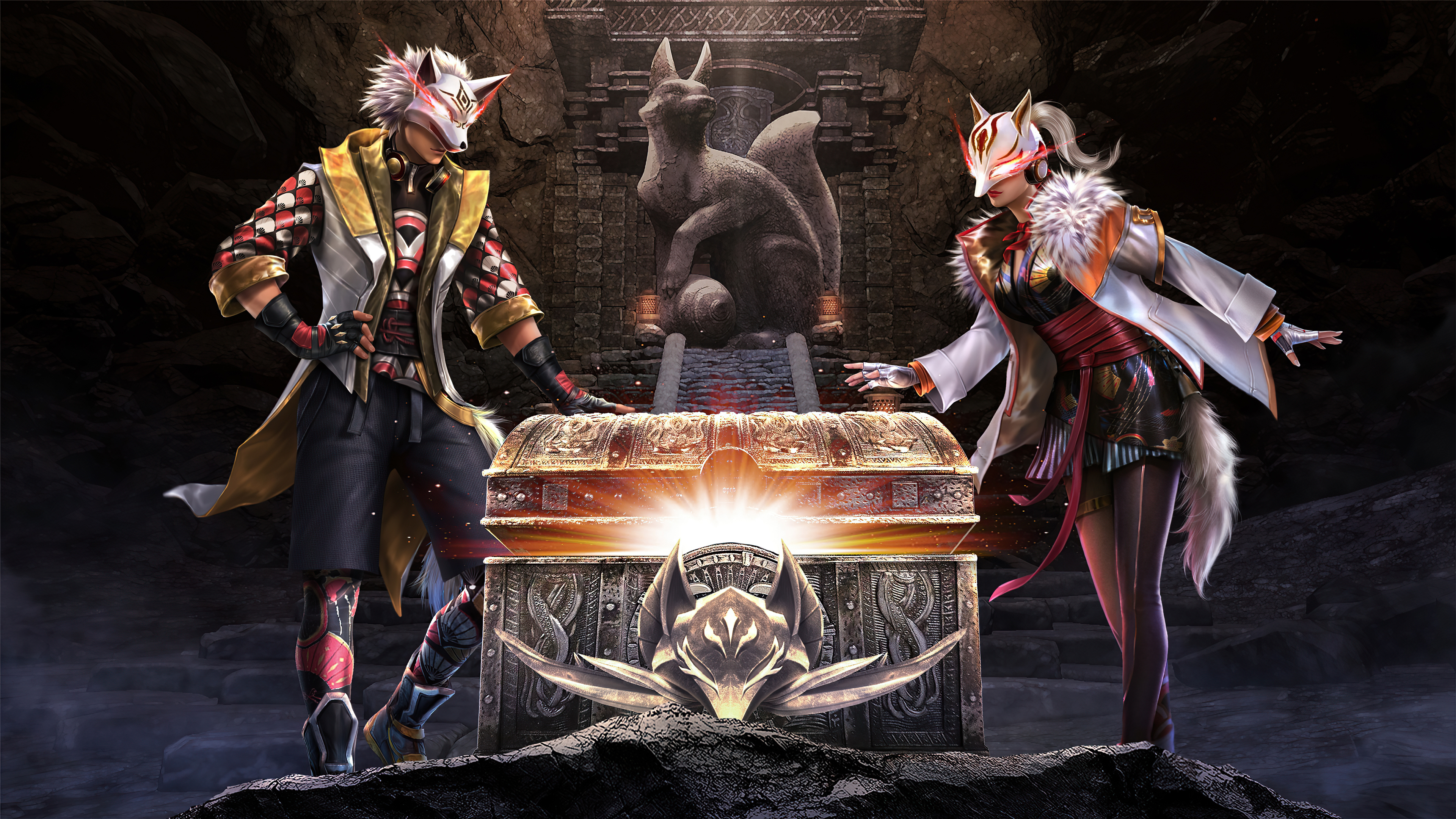 Characters with fox masks and treasure chest in Garena Free Fire HD Wallpaper