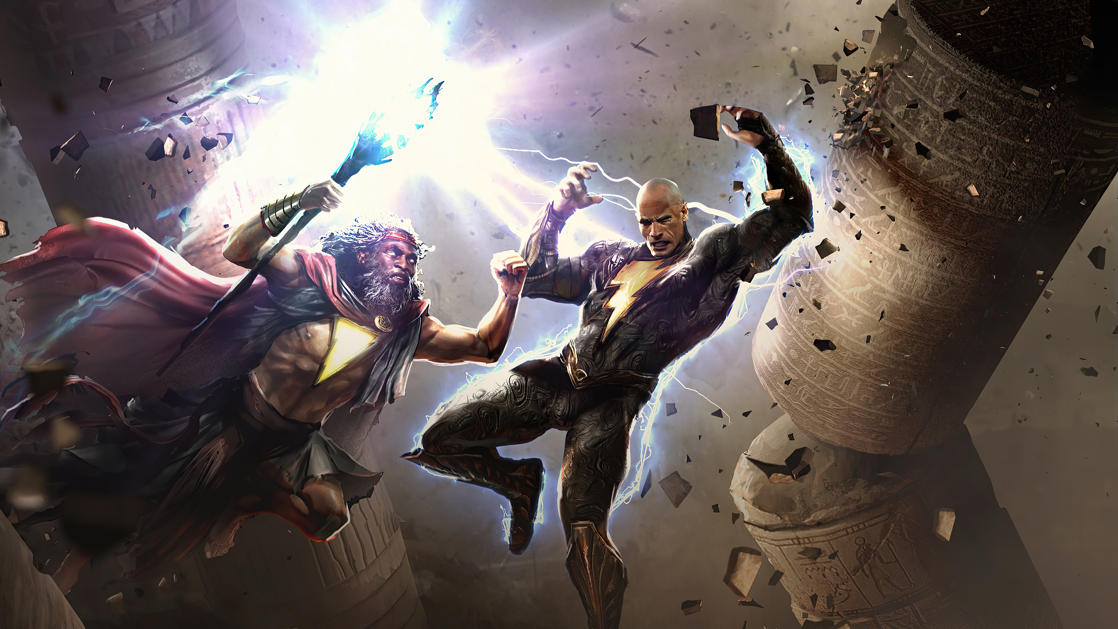 Black Adam fighting a god-like figure with lightning HD Wallpaper