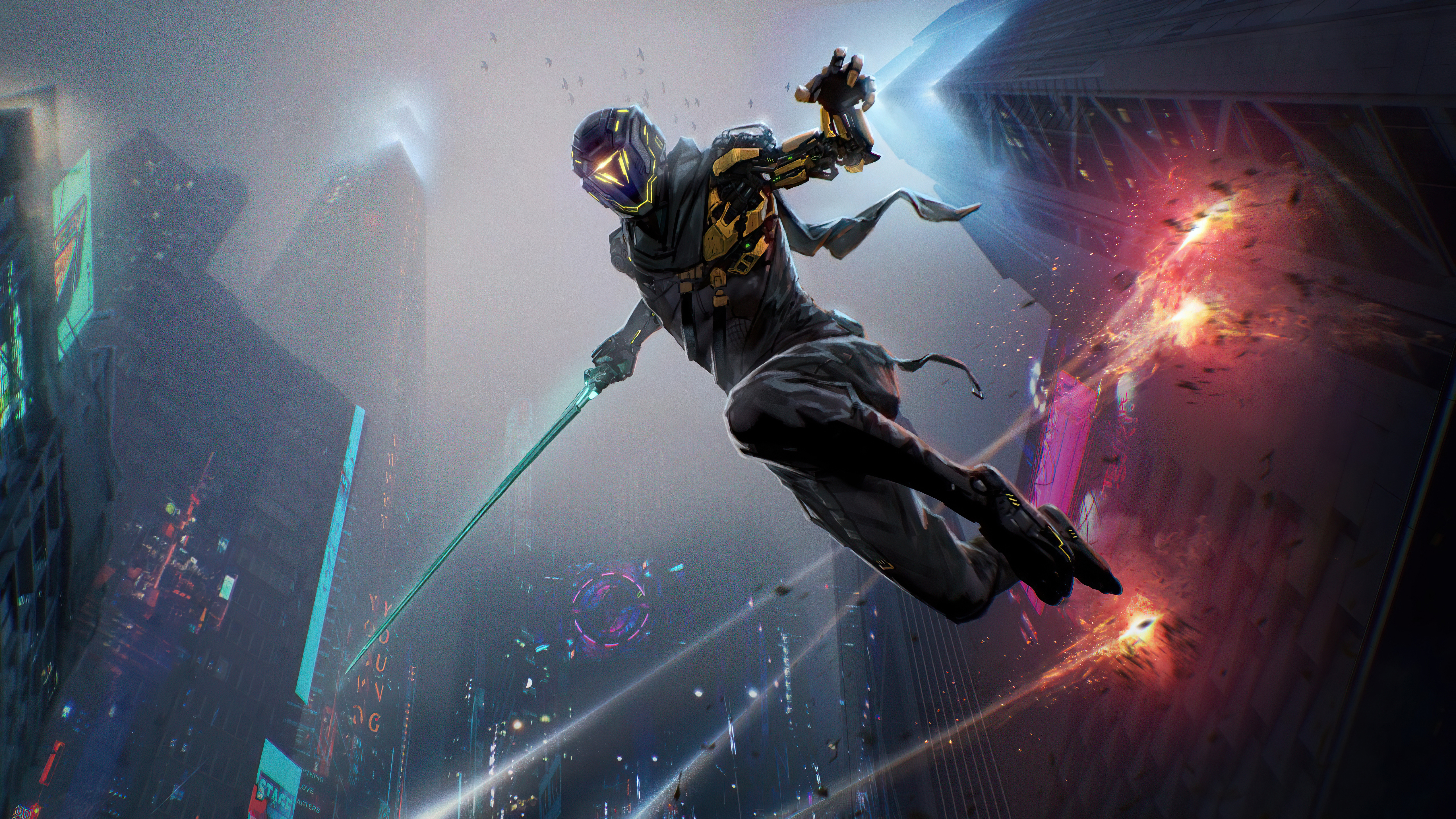Ghostrunner in a futuristic city HD Wallpaper