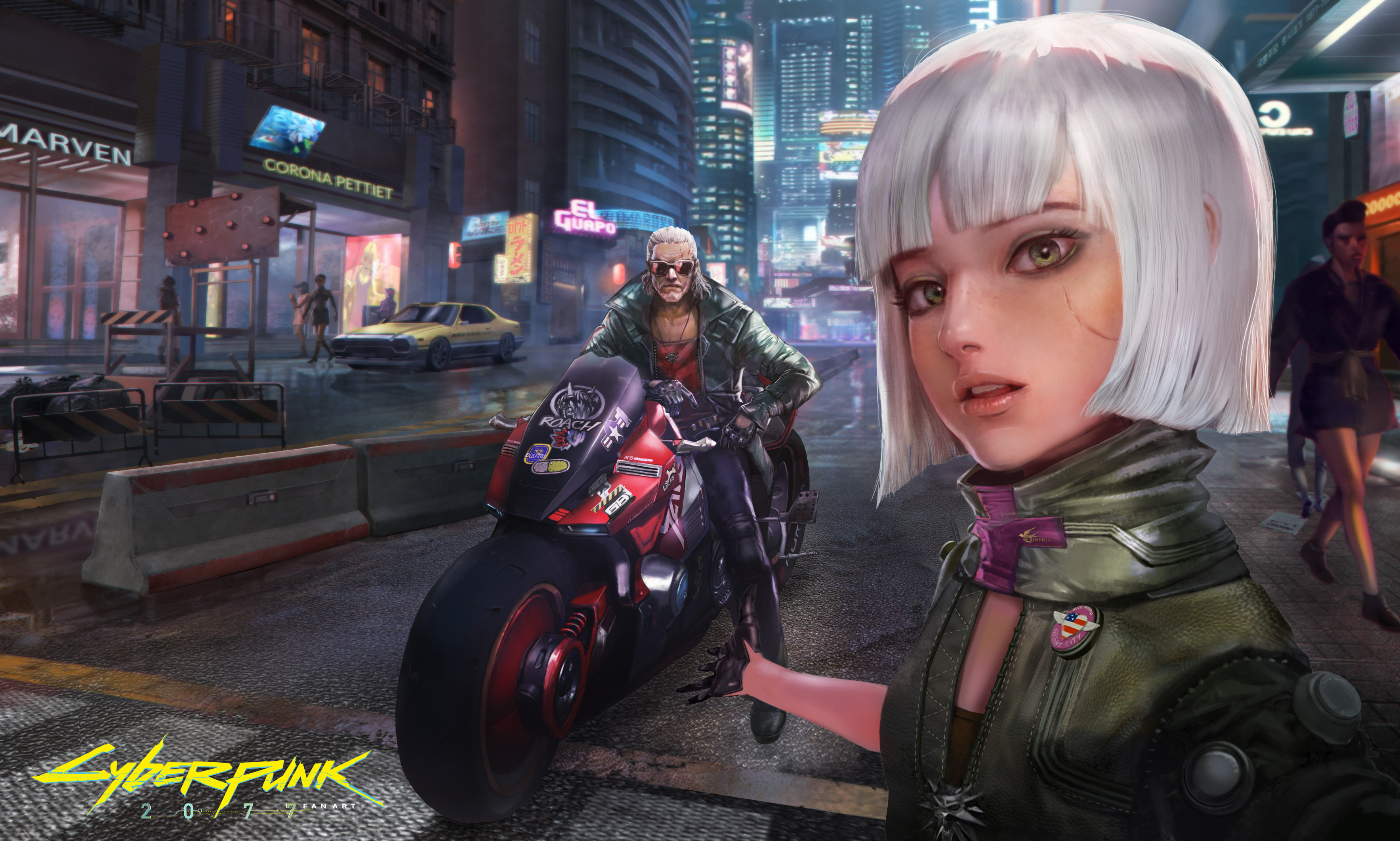 Cyberpunk 2077 art with characters on a motorcycle HD Wallpaper