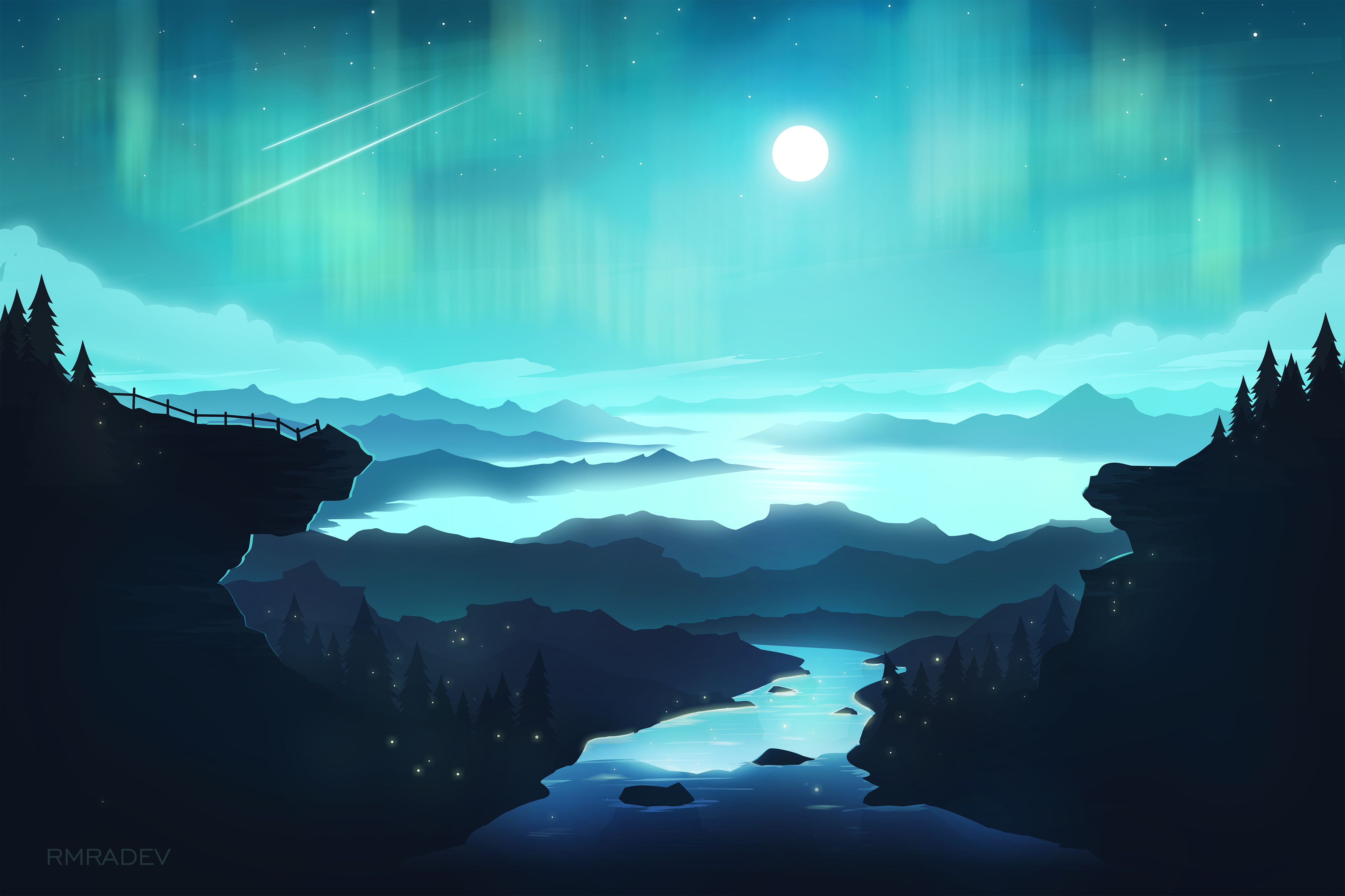 Minimalist landscape with aurora borealis and moon HD Wallpaper