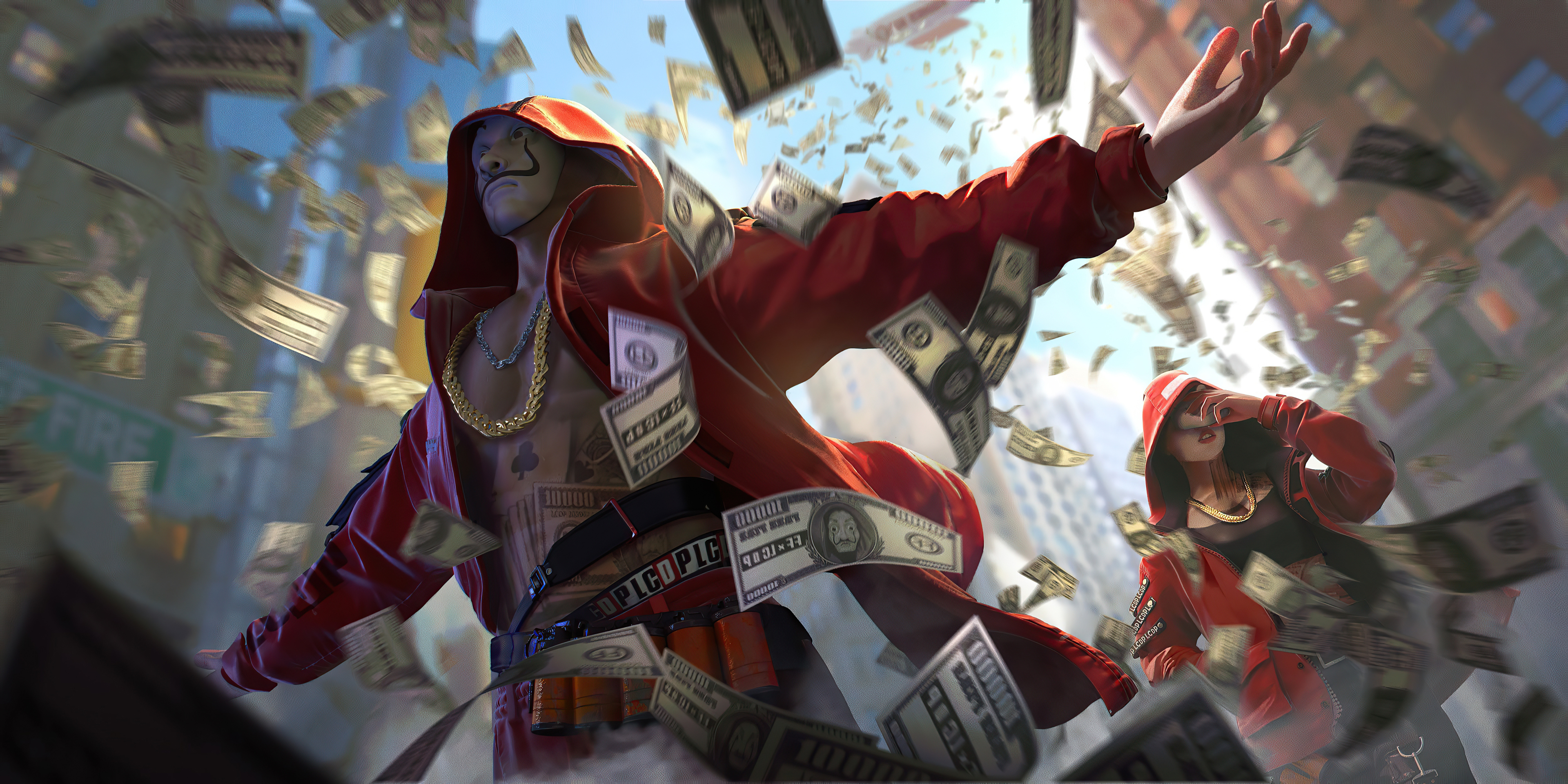 Characters in Red Hoodies with Money Falling in Free Fire HD Wallpaper
