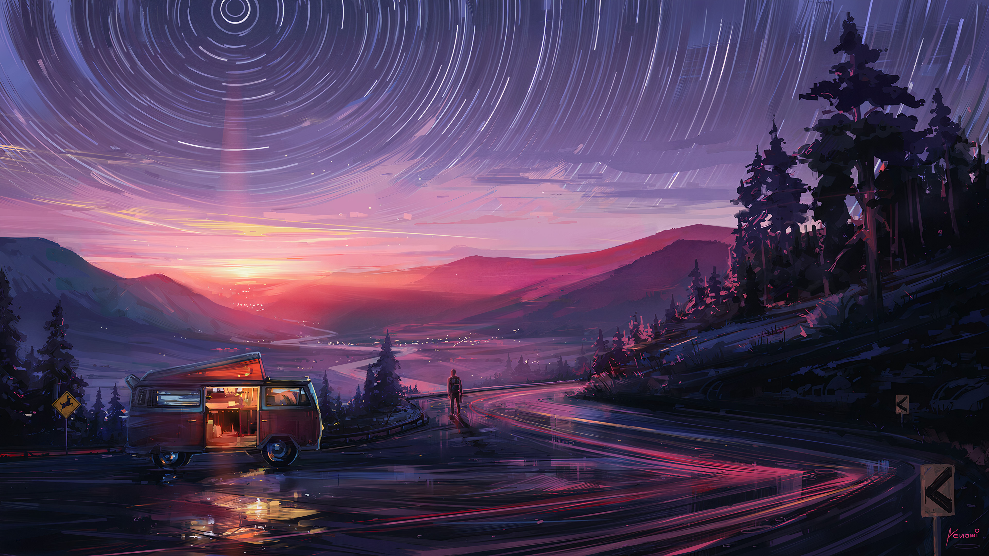 Digital art of a camper van on a road at sunset HD Wallpaper