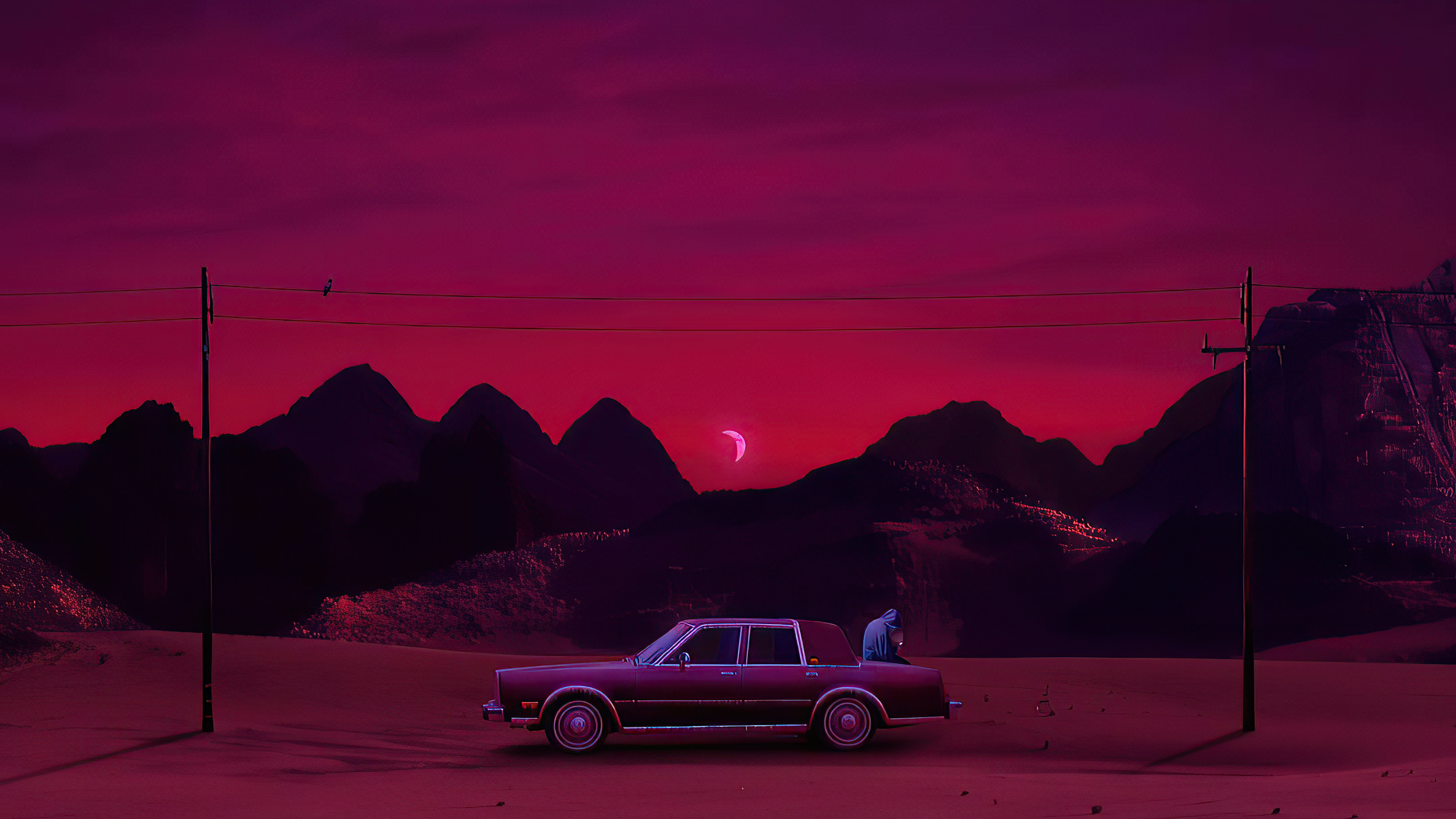 Person sitting in a car in a desert landscape HD Wallpaper