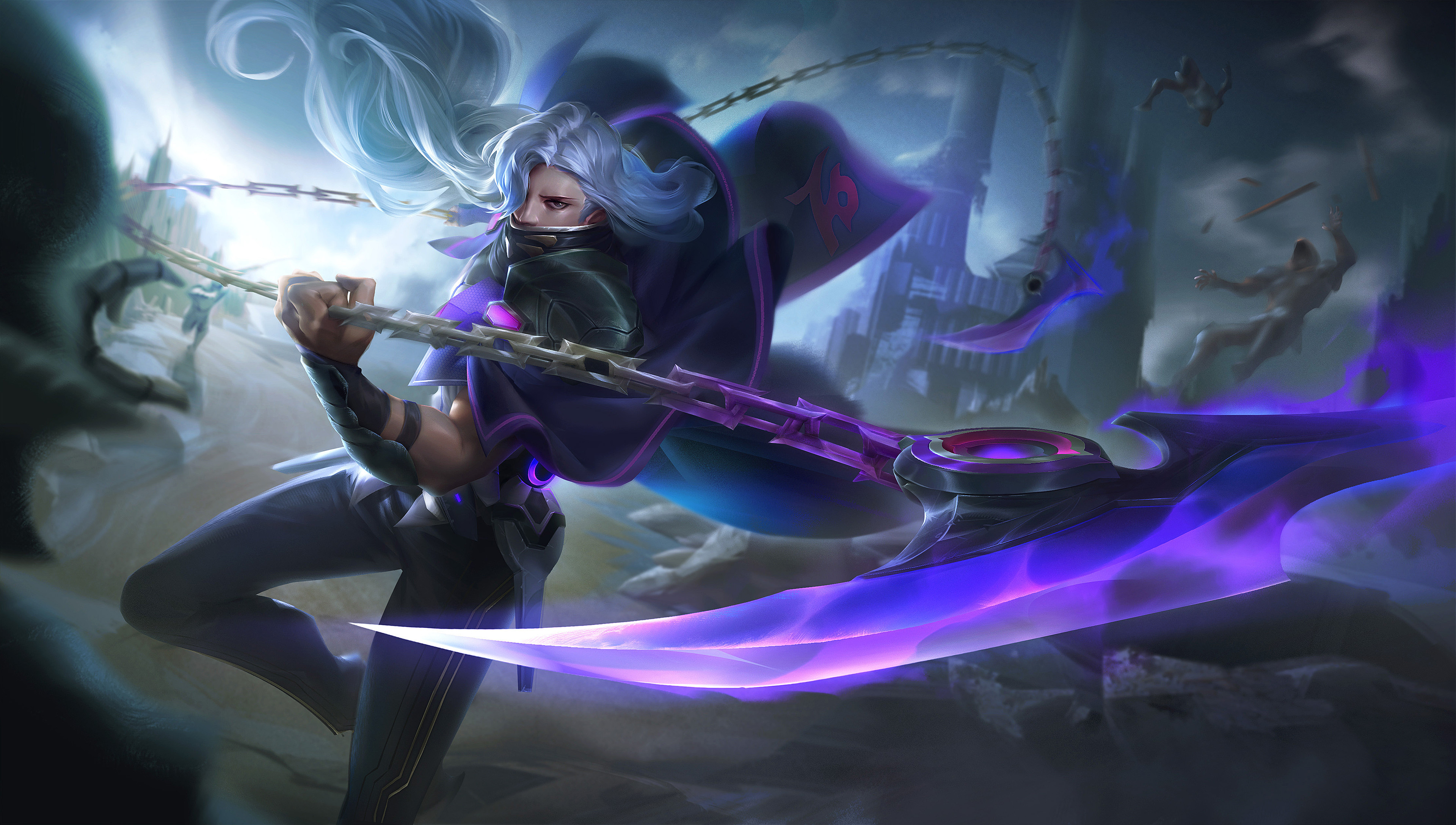 Artwork of a character with a scythe HD Wallpaper
