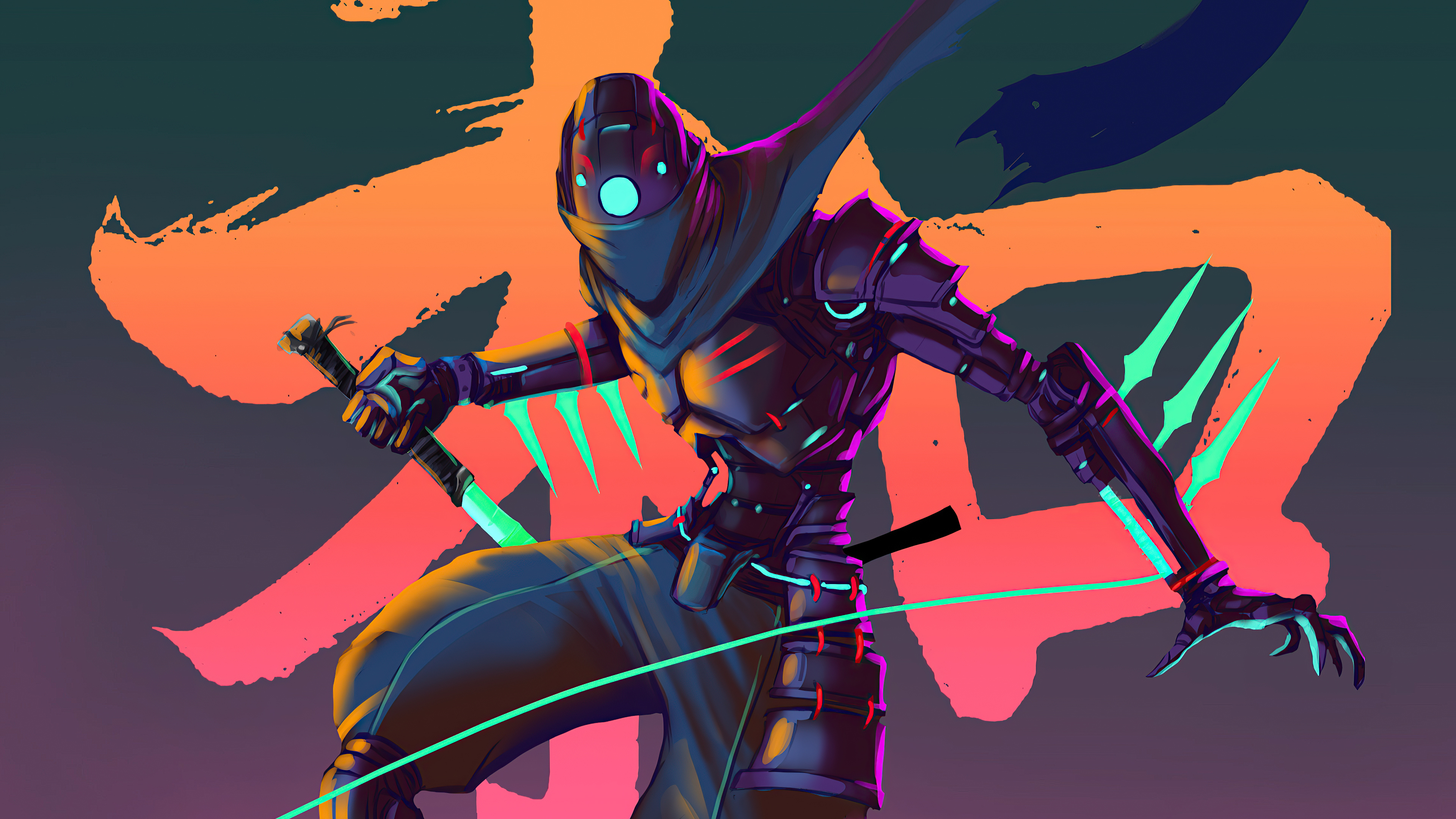 Ninja warrior with swords and Japanese calligraphy HD Wallpaper