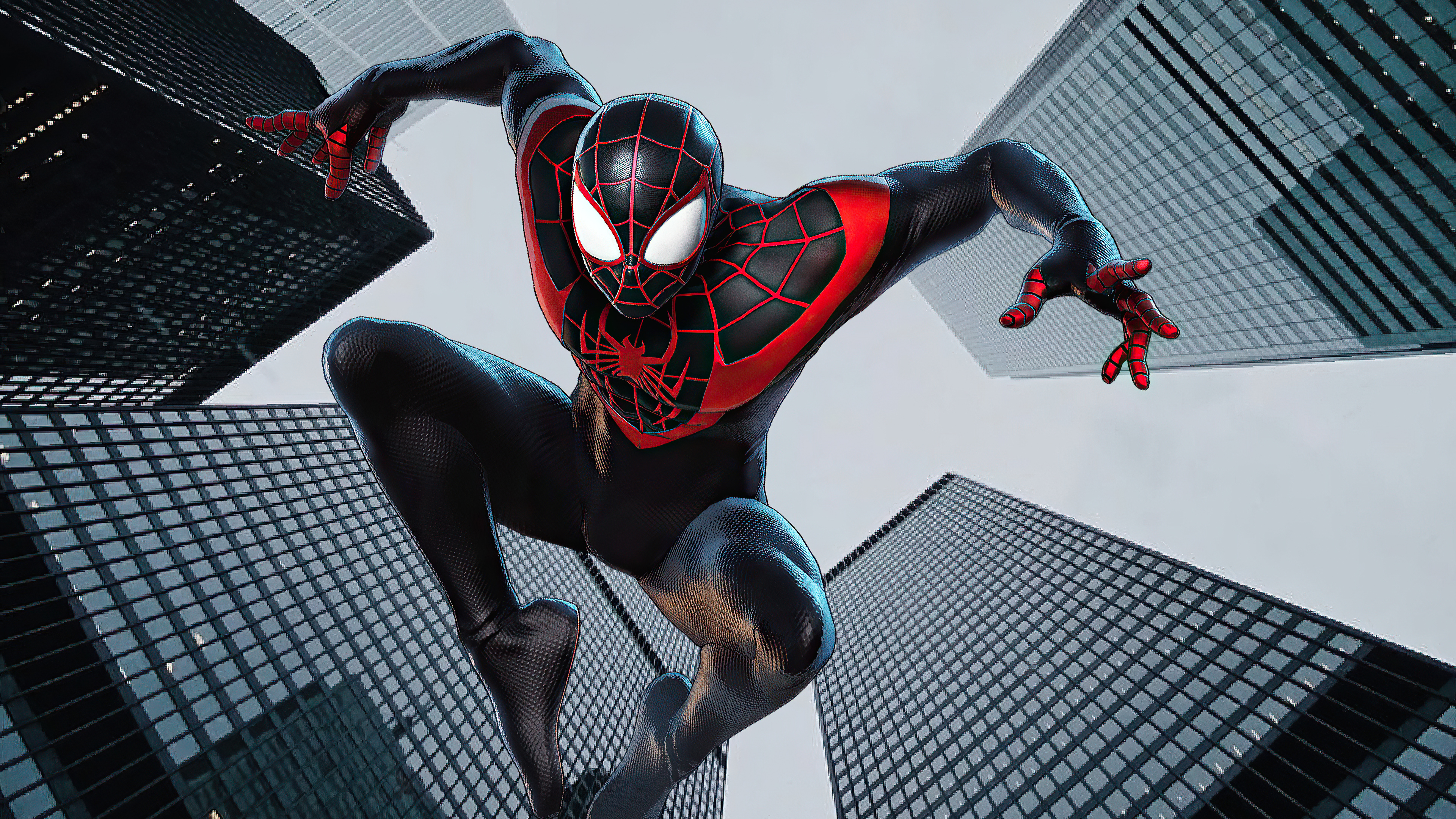 Spider-Man (Miles Morales) leaping between skyscrapers HD Wallpaper