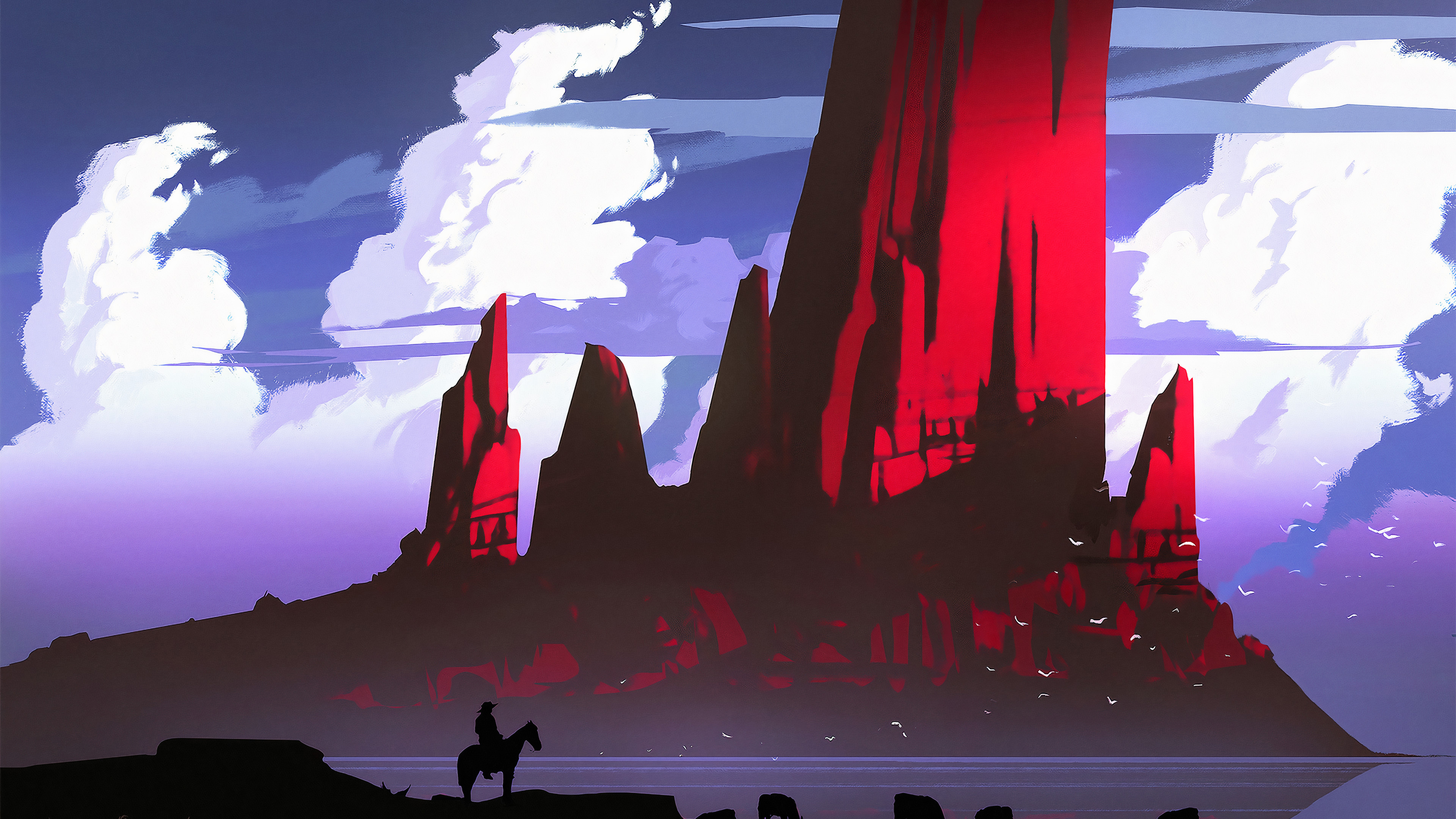 Cowboy on horseback in front of red rock formations HD Wallpaper