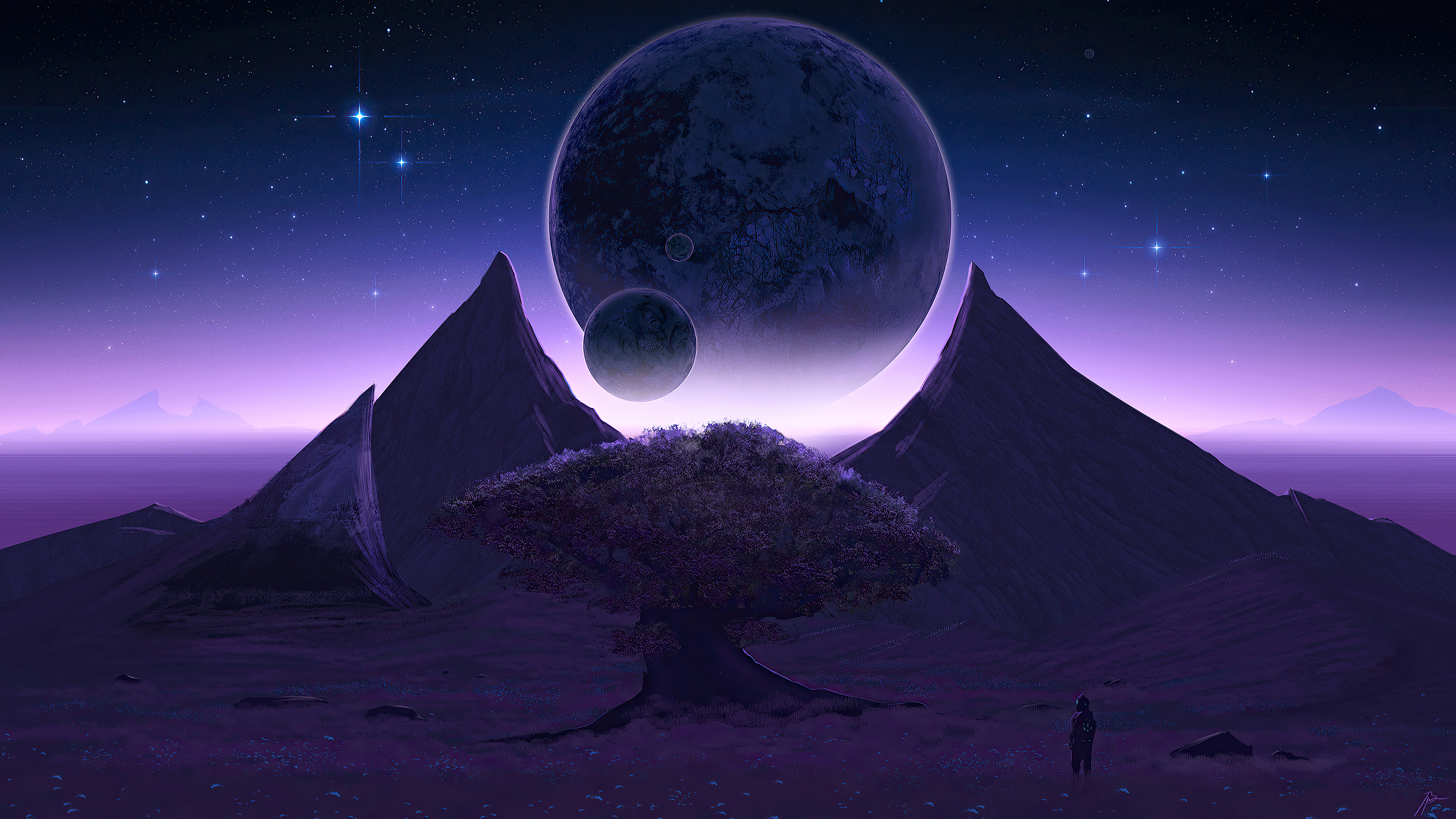 Alien Landscape with Planets and Tree HD Wallpaper