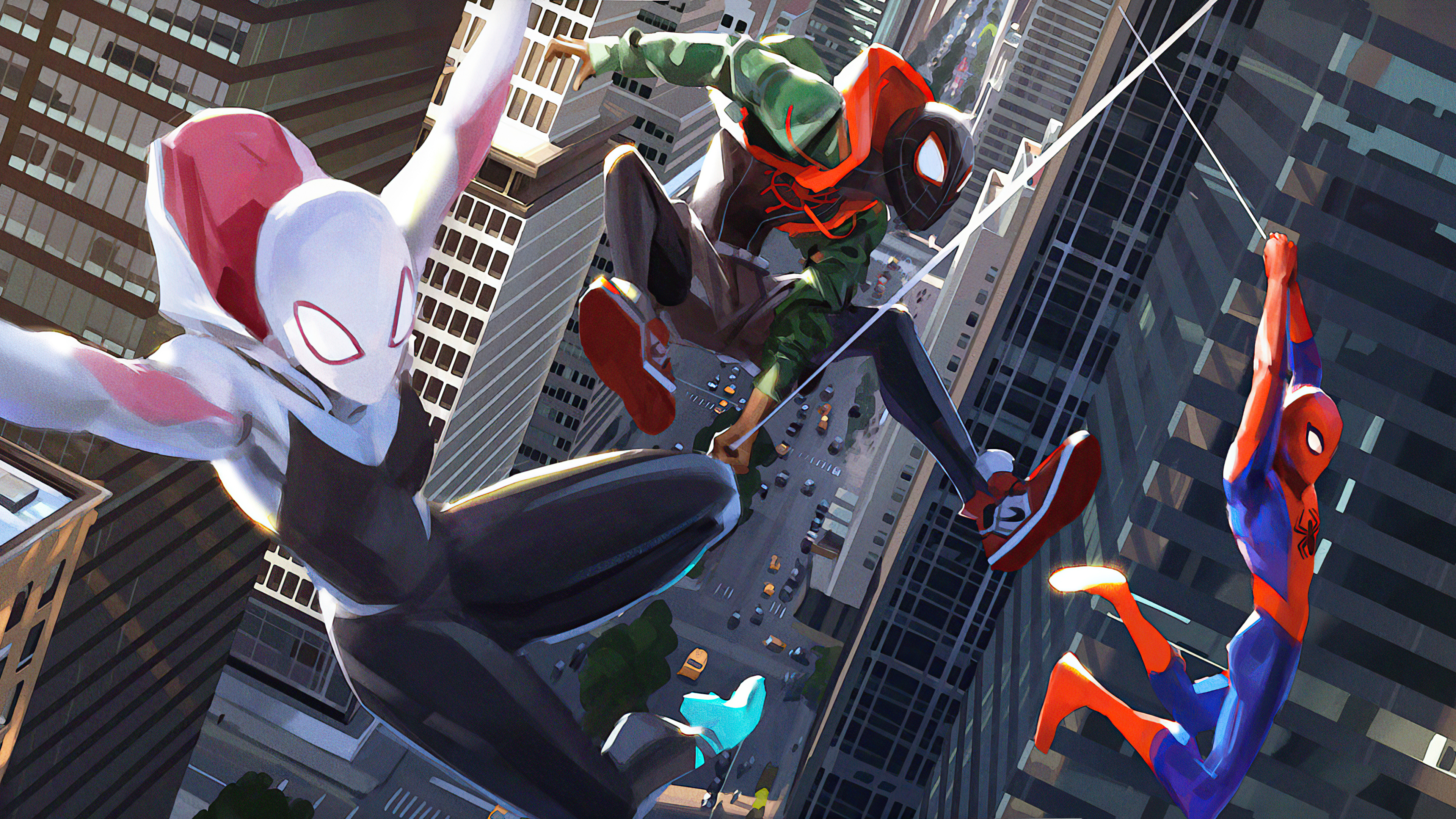 Spider-Gwen, Miles Morales, and Spider-Man swinging through city HD Wallpaper