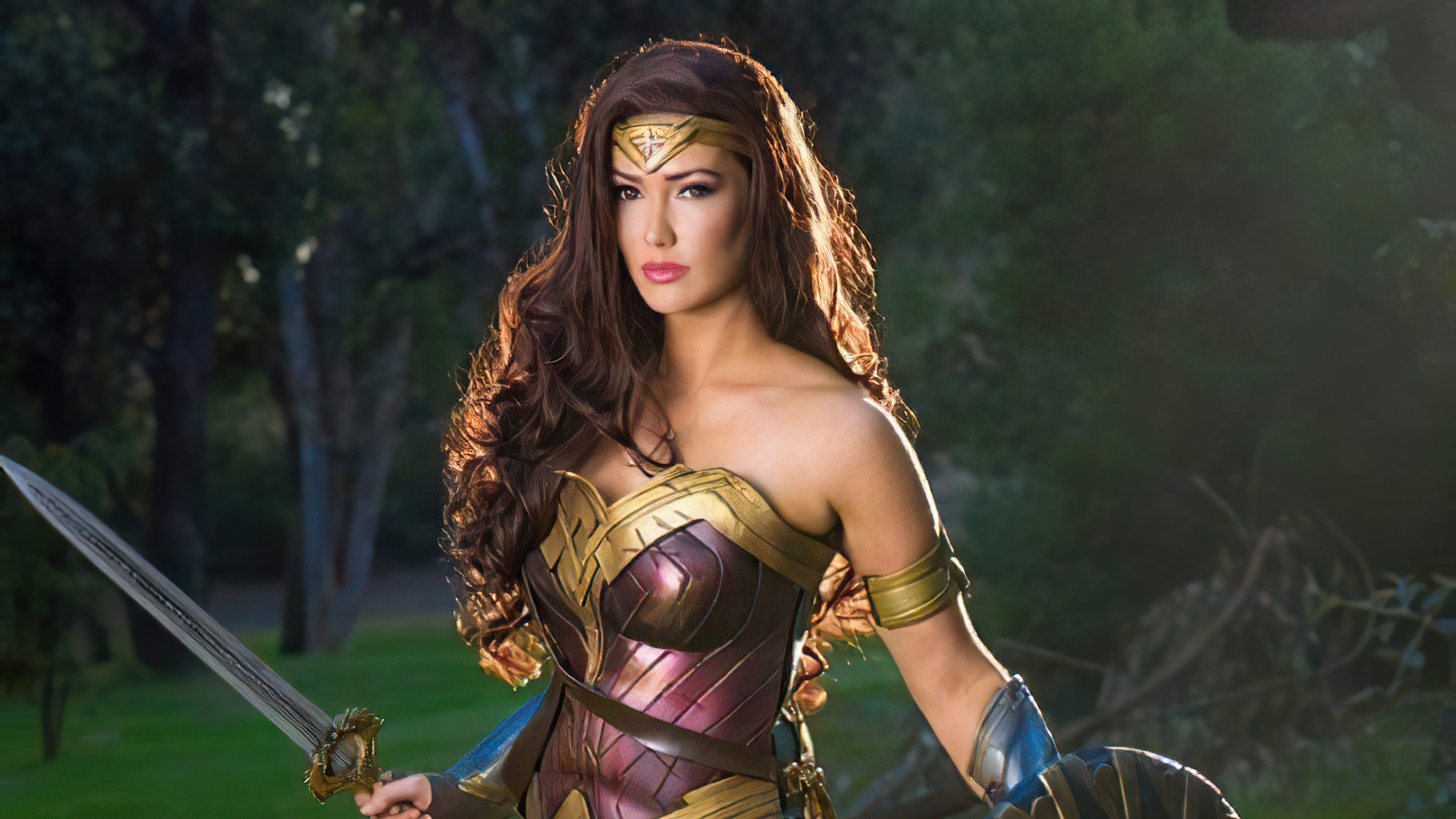 Wonder Woman holding a sword and shield HD Wallpaper
