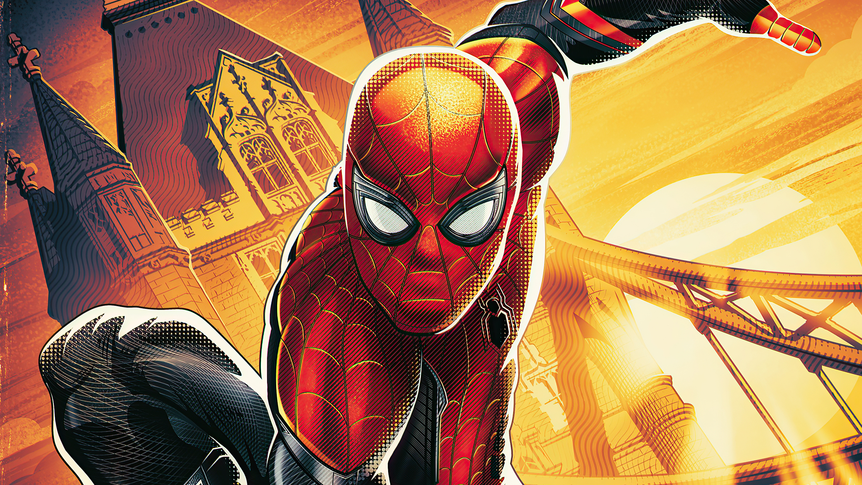 Spider-Man artwork with buildings and bridge HD Wallpaper
