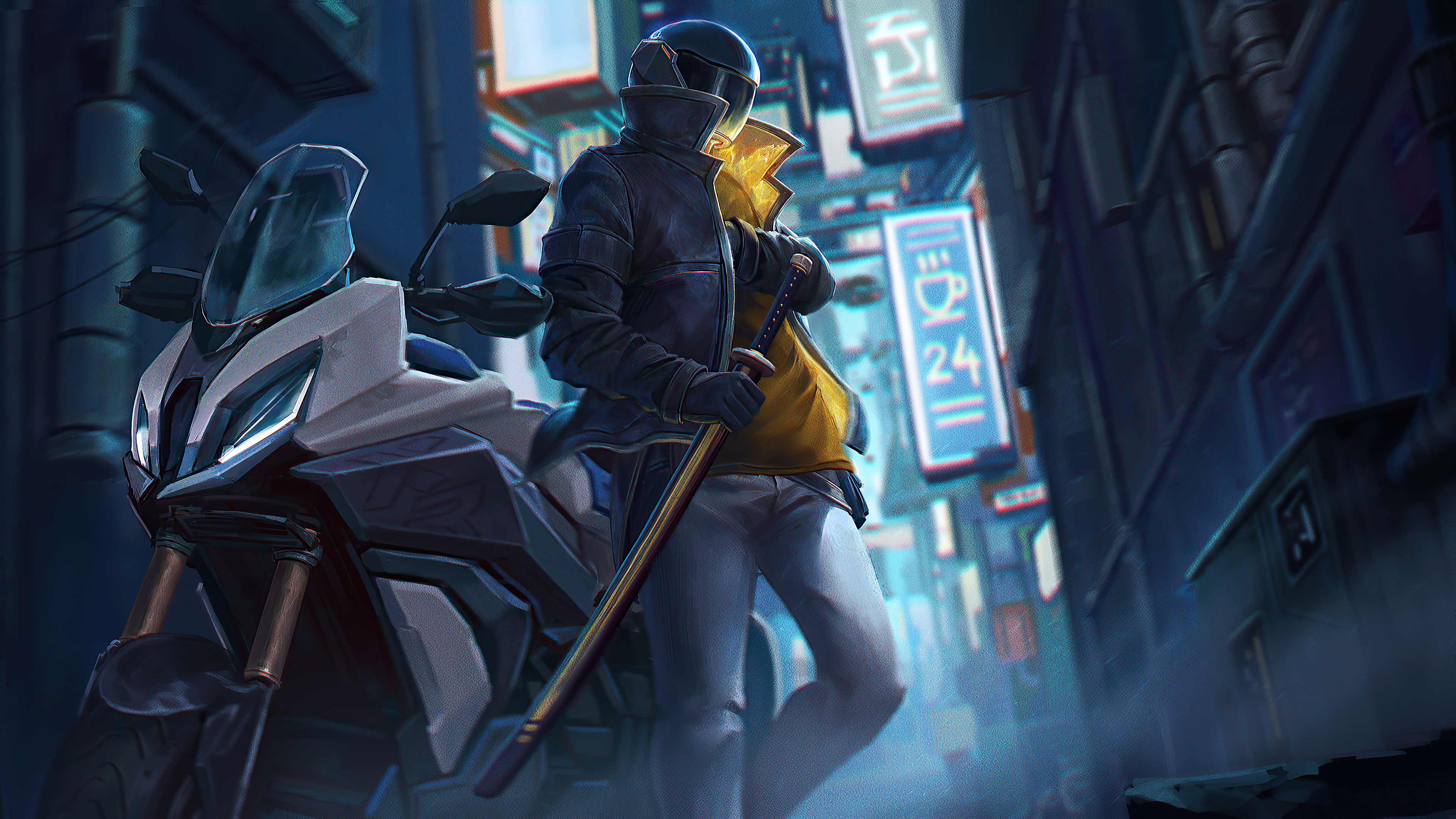 Man with sword and motorcycle in neon city HD Wallpaper