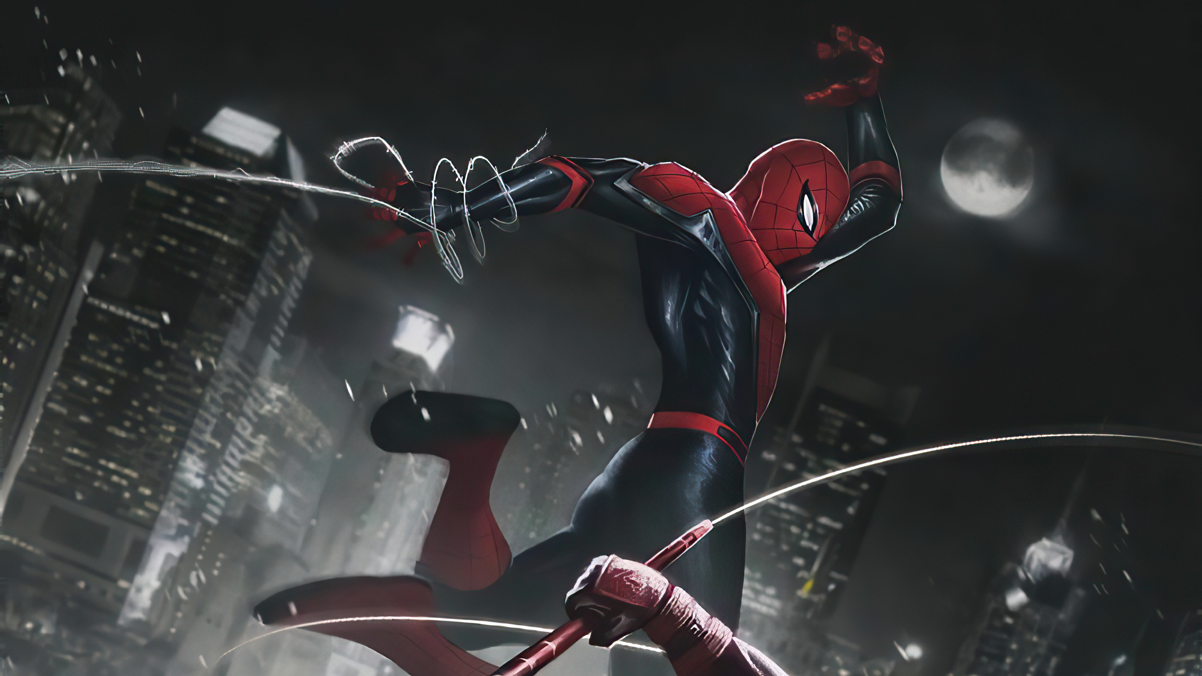 Spider-Man swinging through a city at night HD Wallpaper