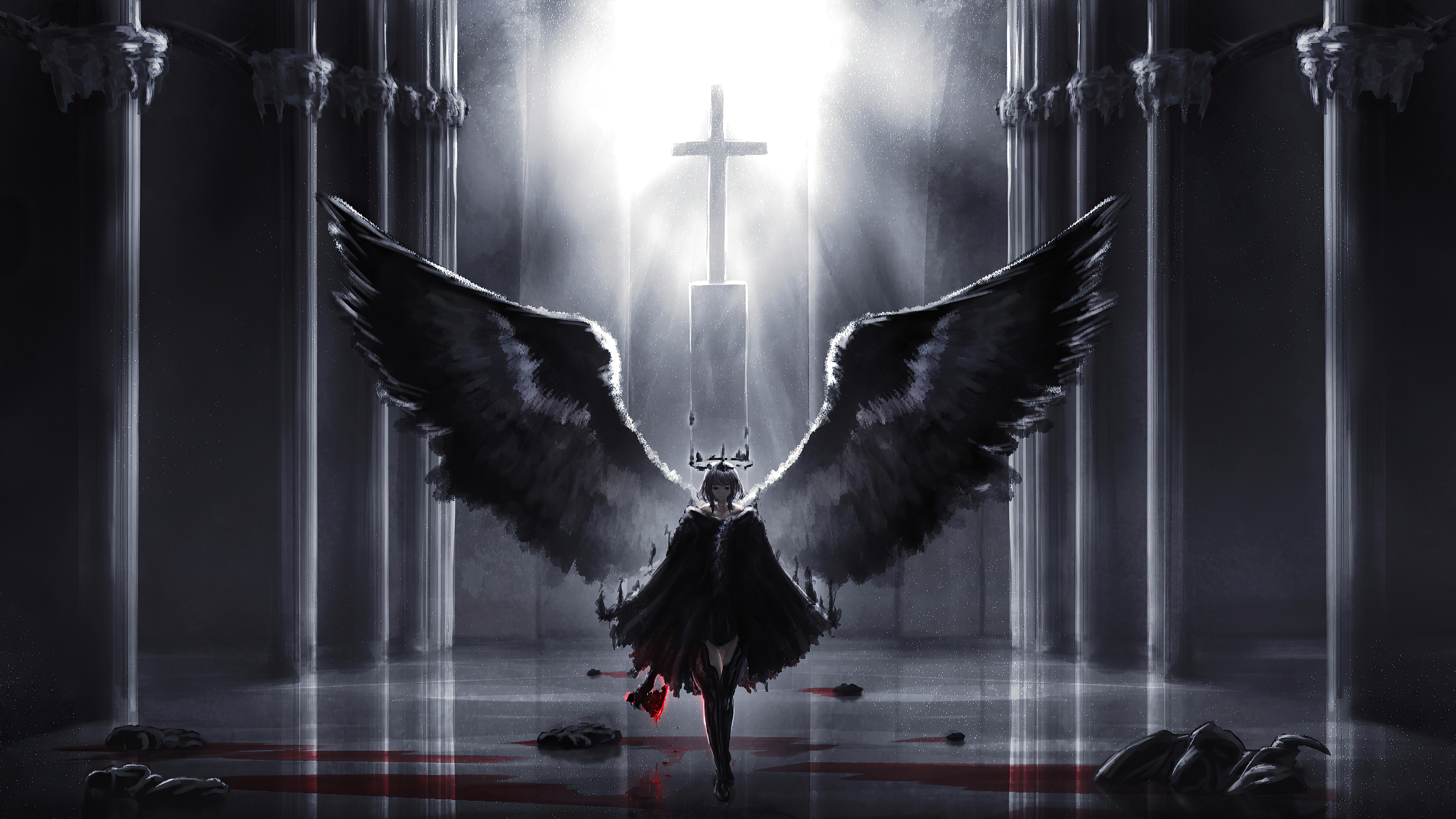 Angel with black wings in a church HD Wallpaper