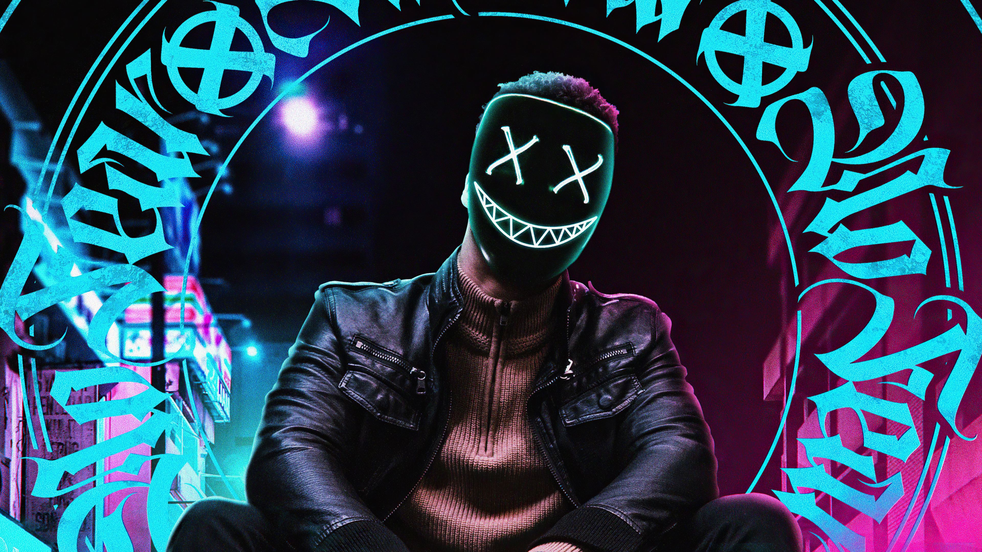 Man wearing a mask with glowing eyes and smile HD Wallpaper