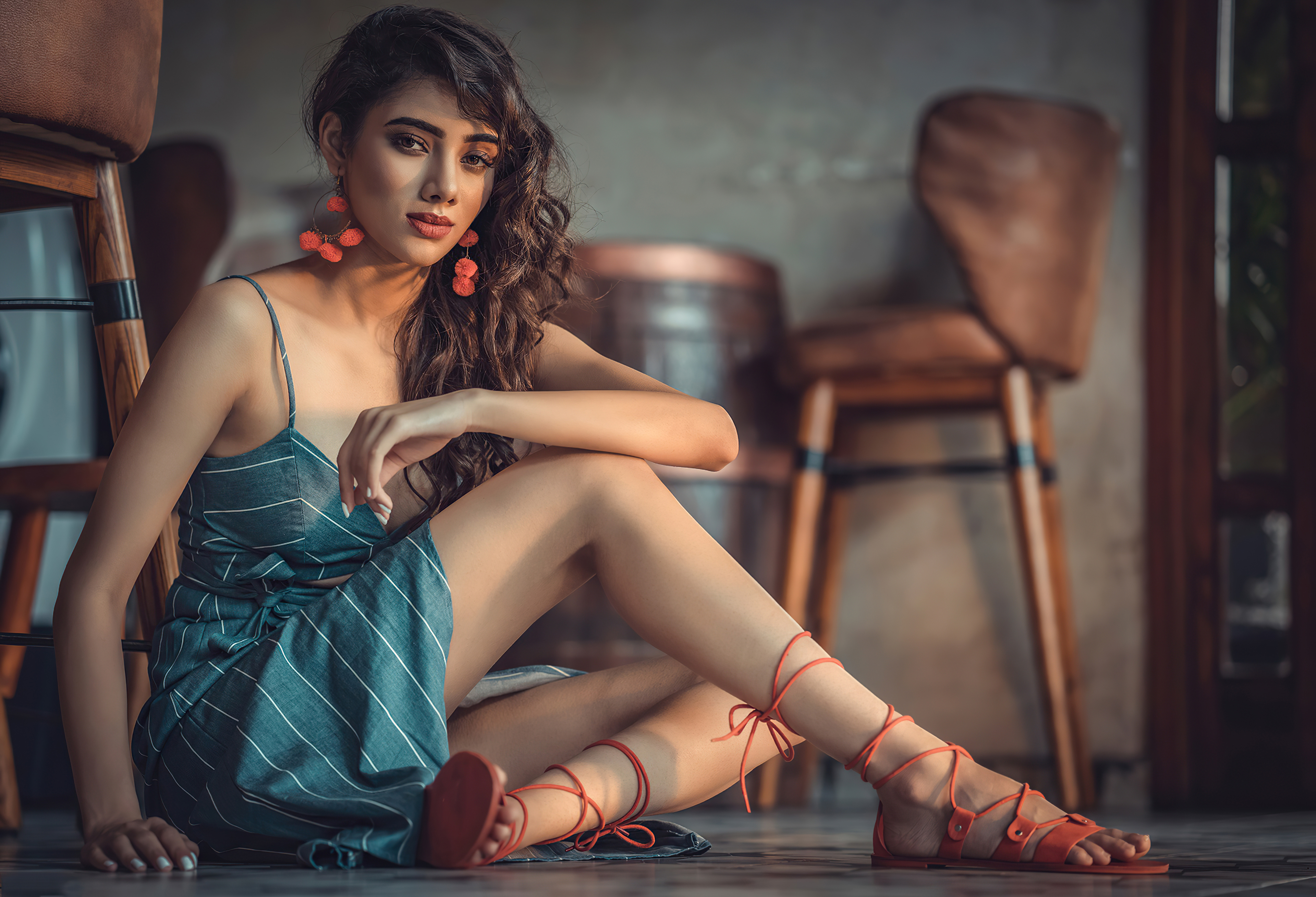 Model in Striped Dress with Red Sandals HD Wallpaper