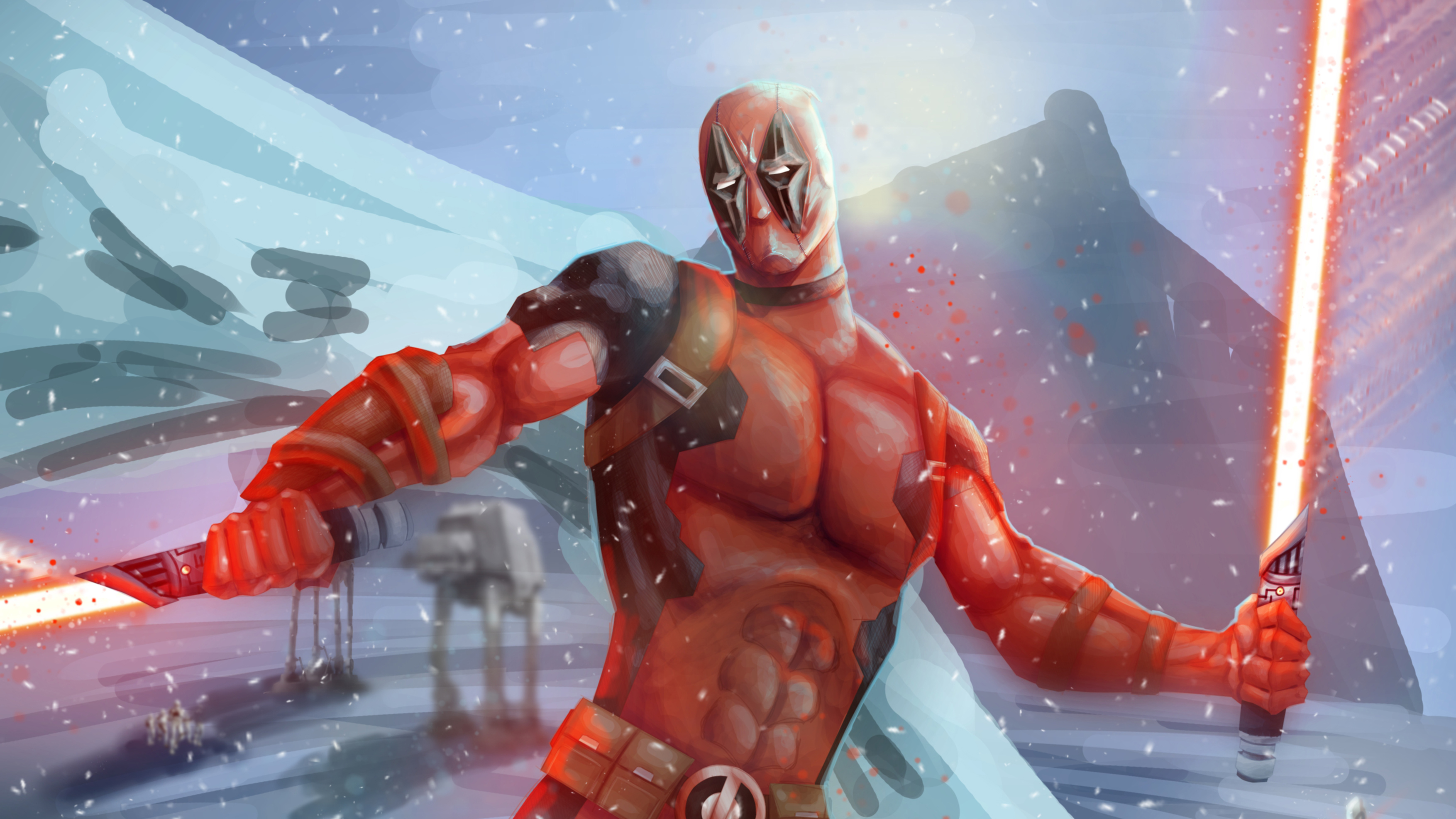 Deadpool with lightsabers in a snowy landscape HD Wallpaper