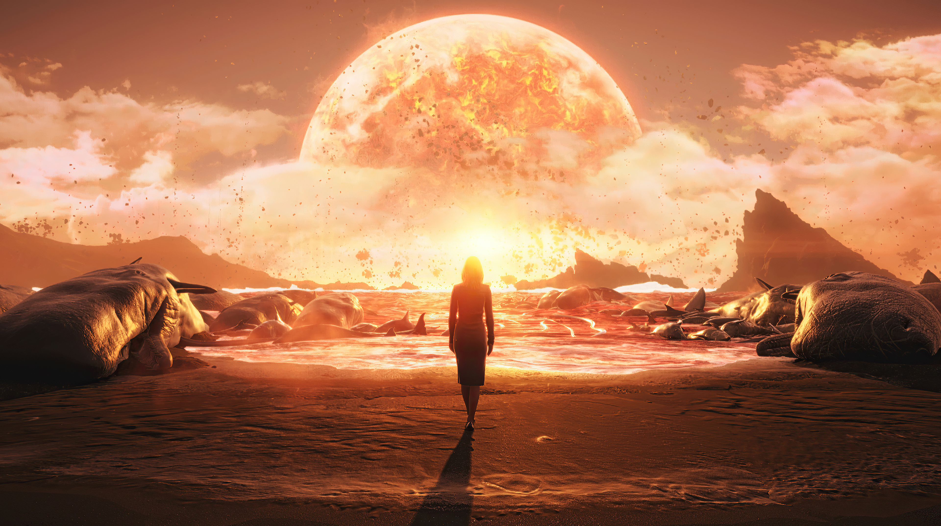 Woman walking towards a large exploding planet in Death Stranding 4K HD Wallpaper