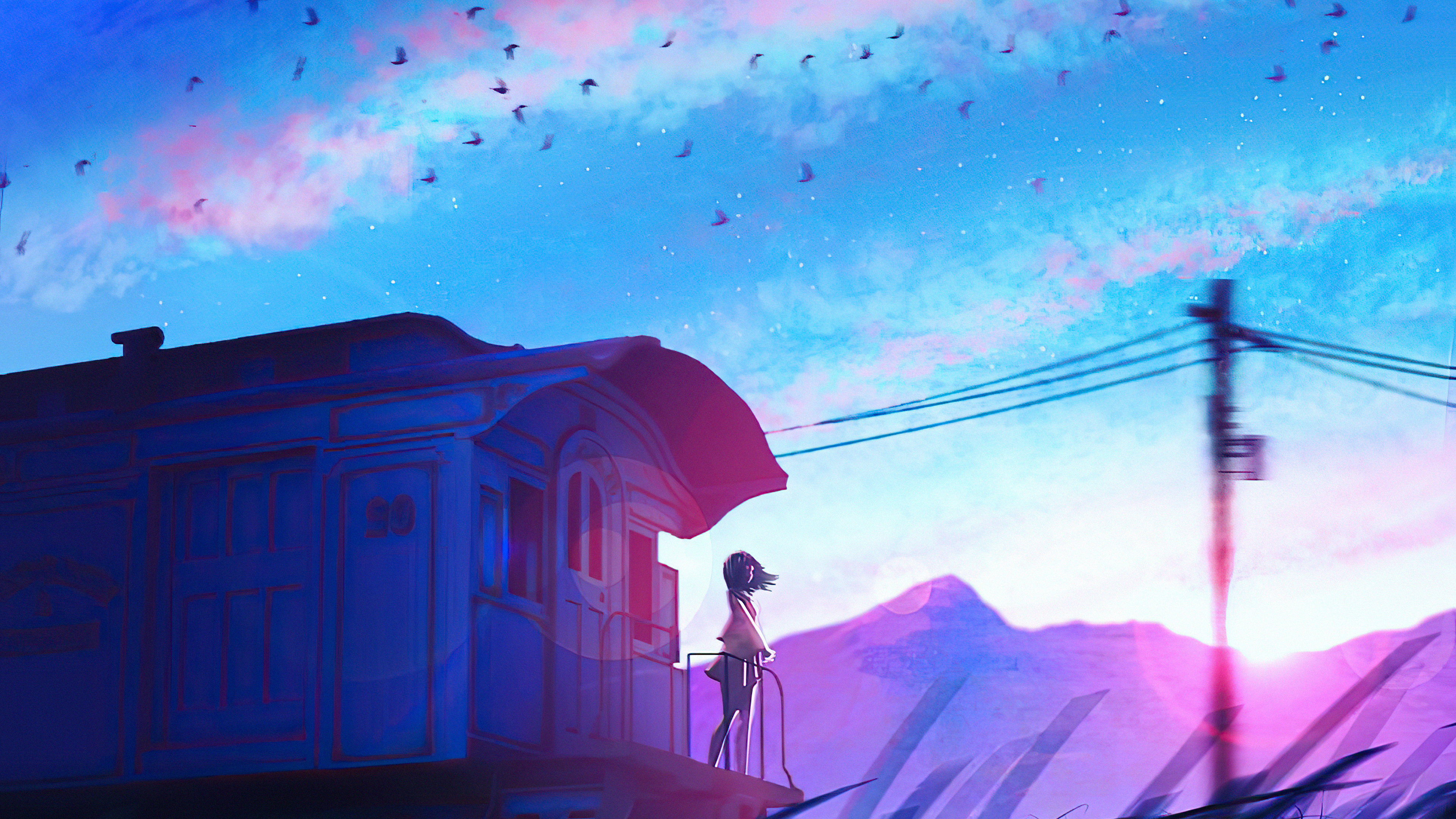 Anime girl on train platform at sunset HD Wallpaper