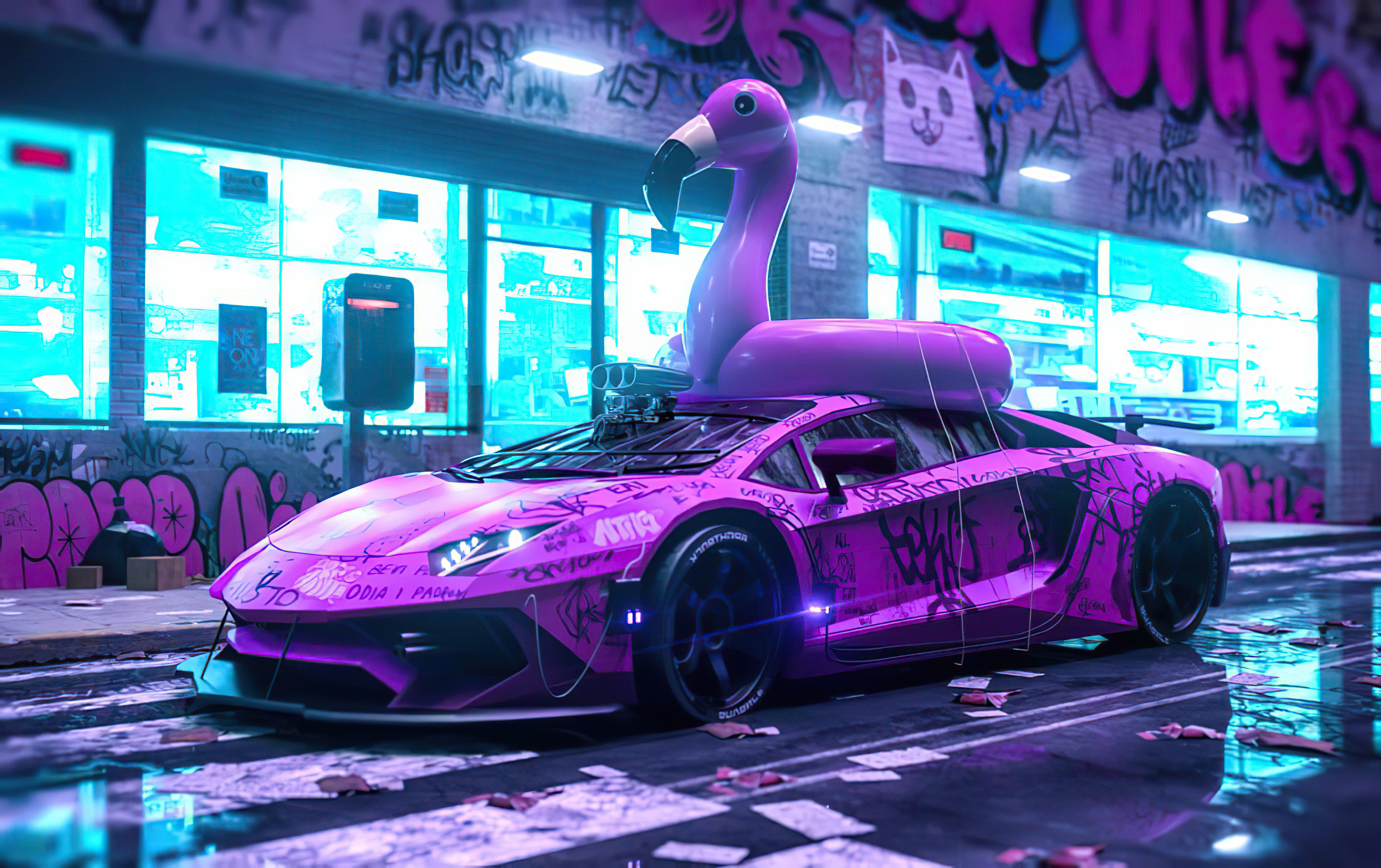 Purple Lamborghini with Flamingo Pool Float HD Wallpaper