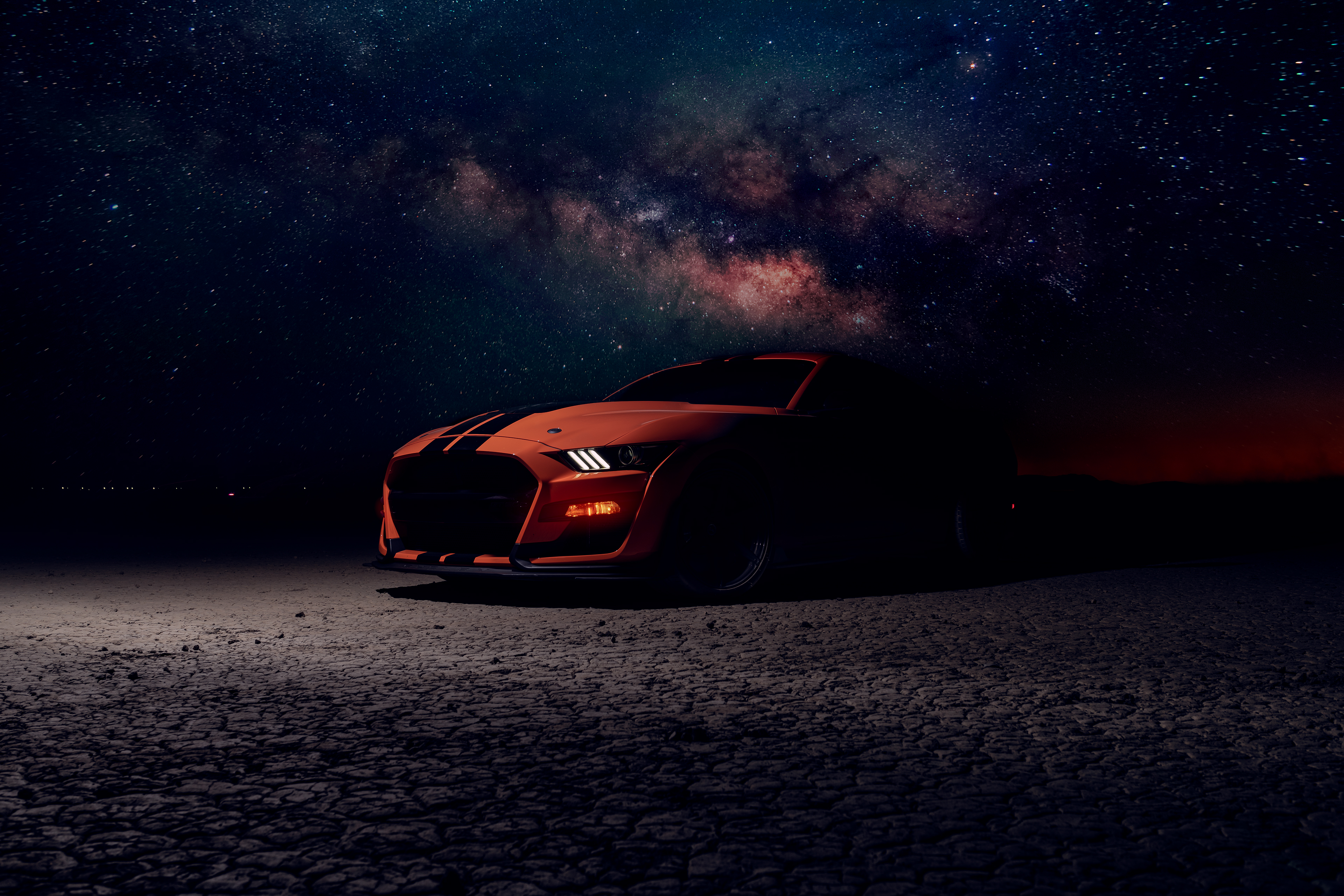 Orange Ford Mustang under the Milky Way HD Wallpaper