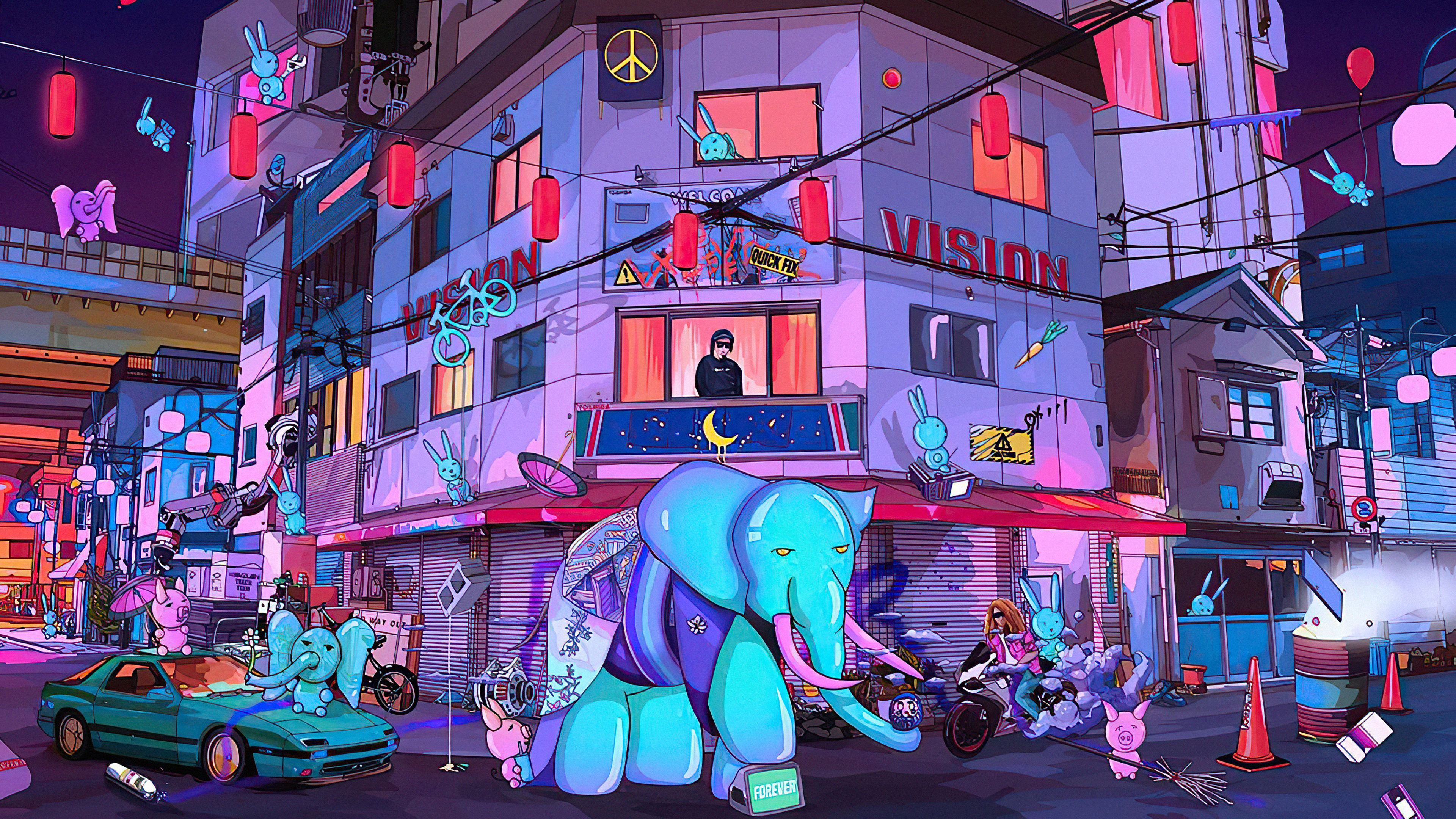 Neon city street with elephants and pigs HD Wallpaper