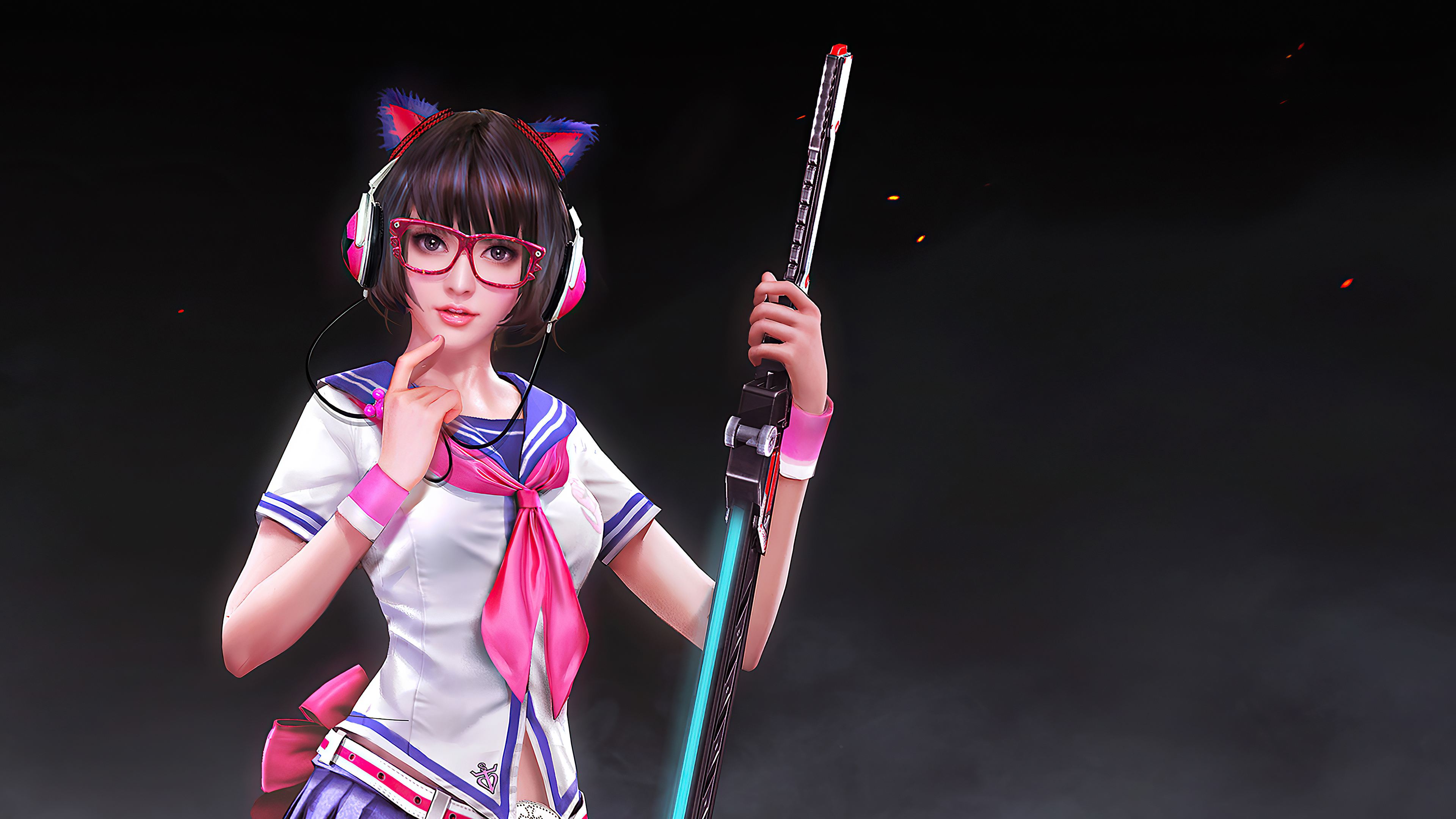 Girl with cat ears and headphones holding a gun HD Wallpaper