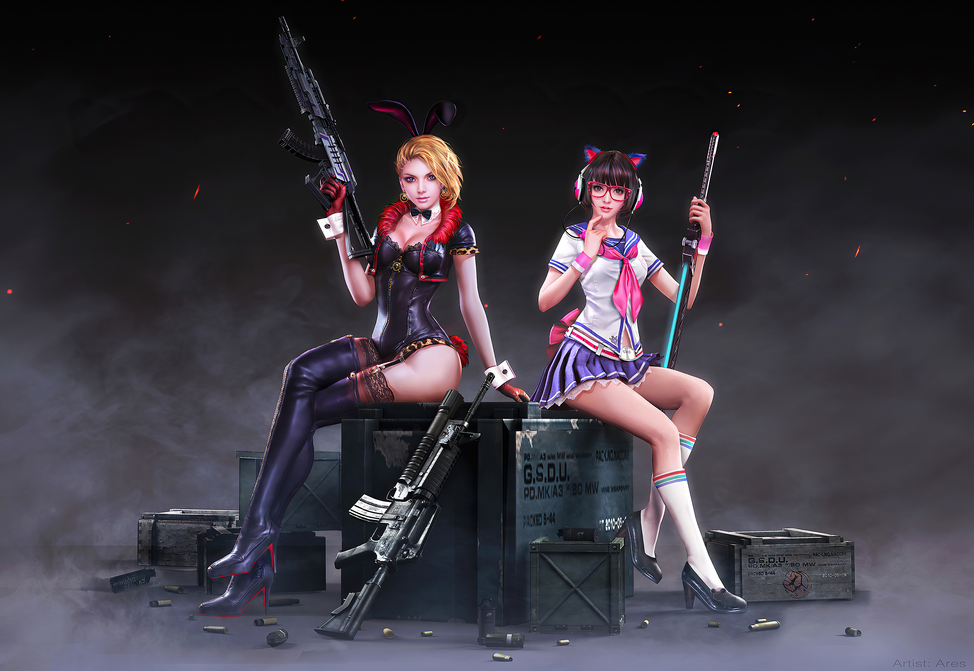 Two women with guns in bunny and schoolgirl outfits HD Wallpaper