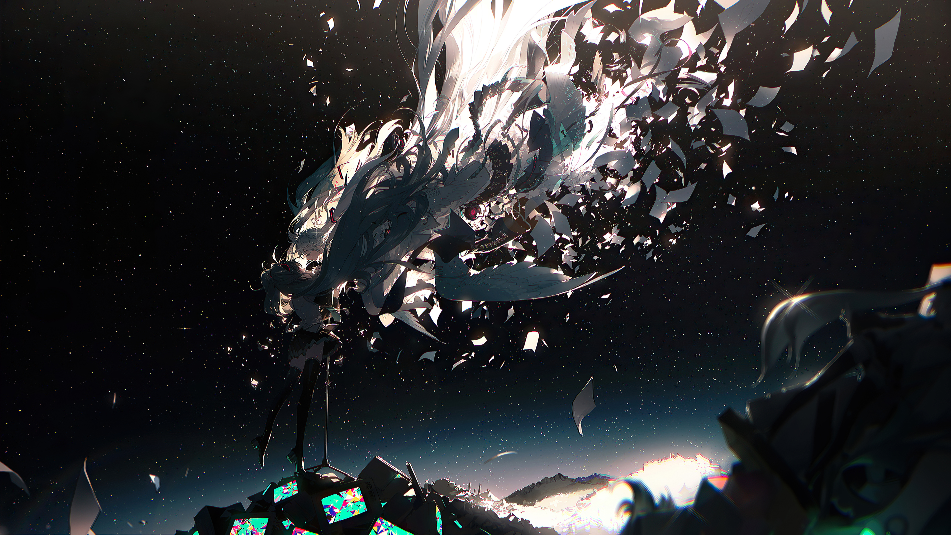 Hatsune Miku Digital Art with Paper Shards HD Wallpaper