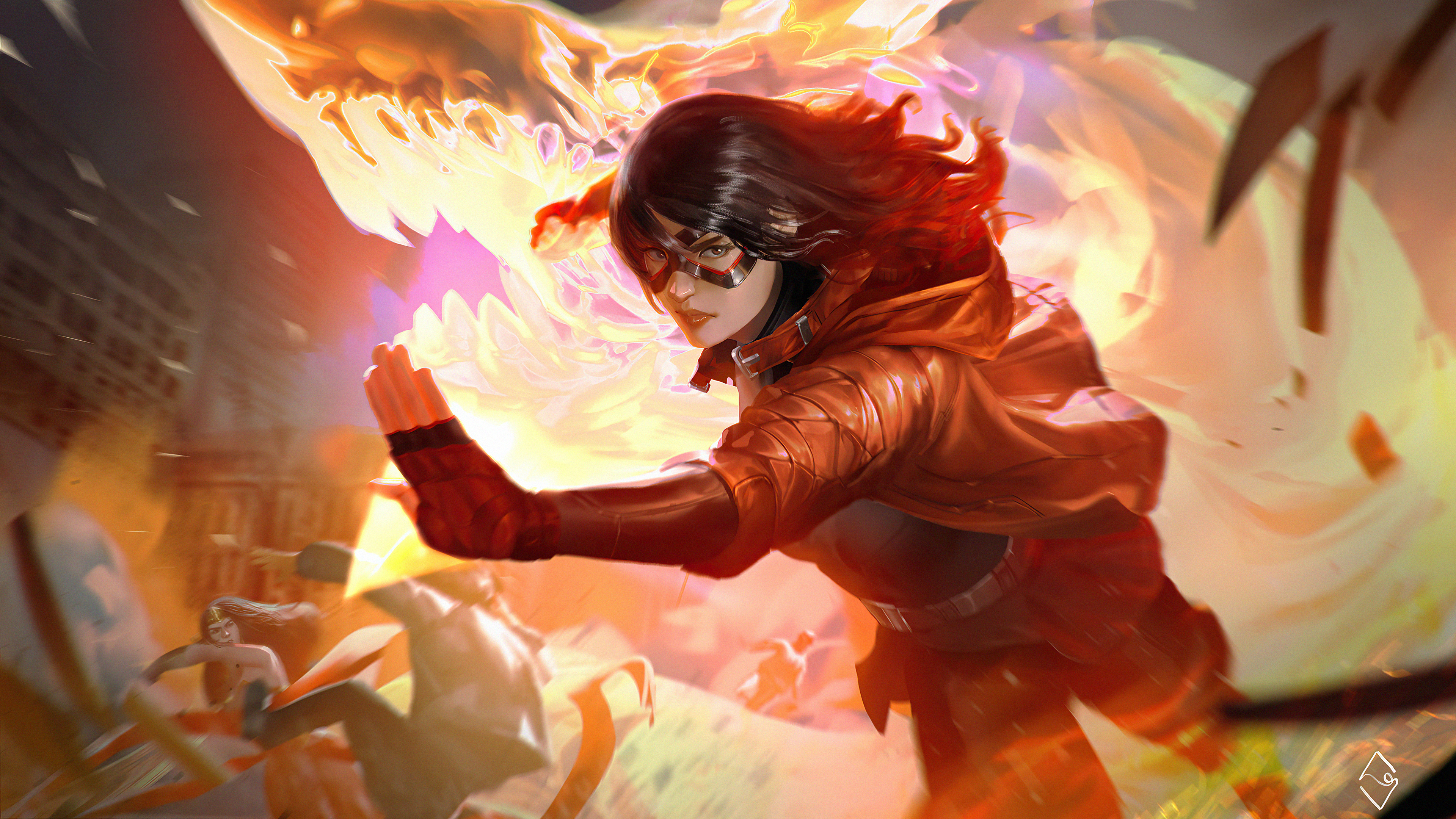 Woman in orange jacket fighting a fire dragon HD Wallpaper