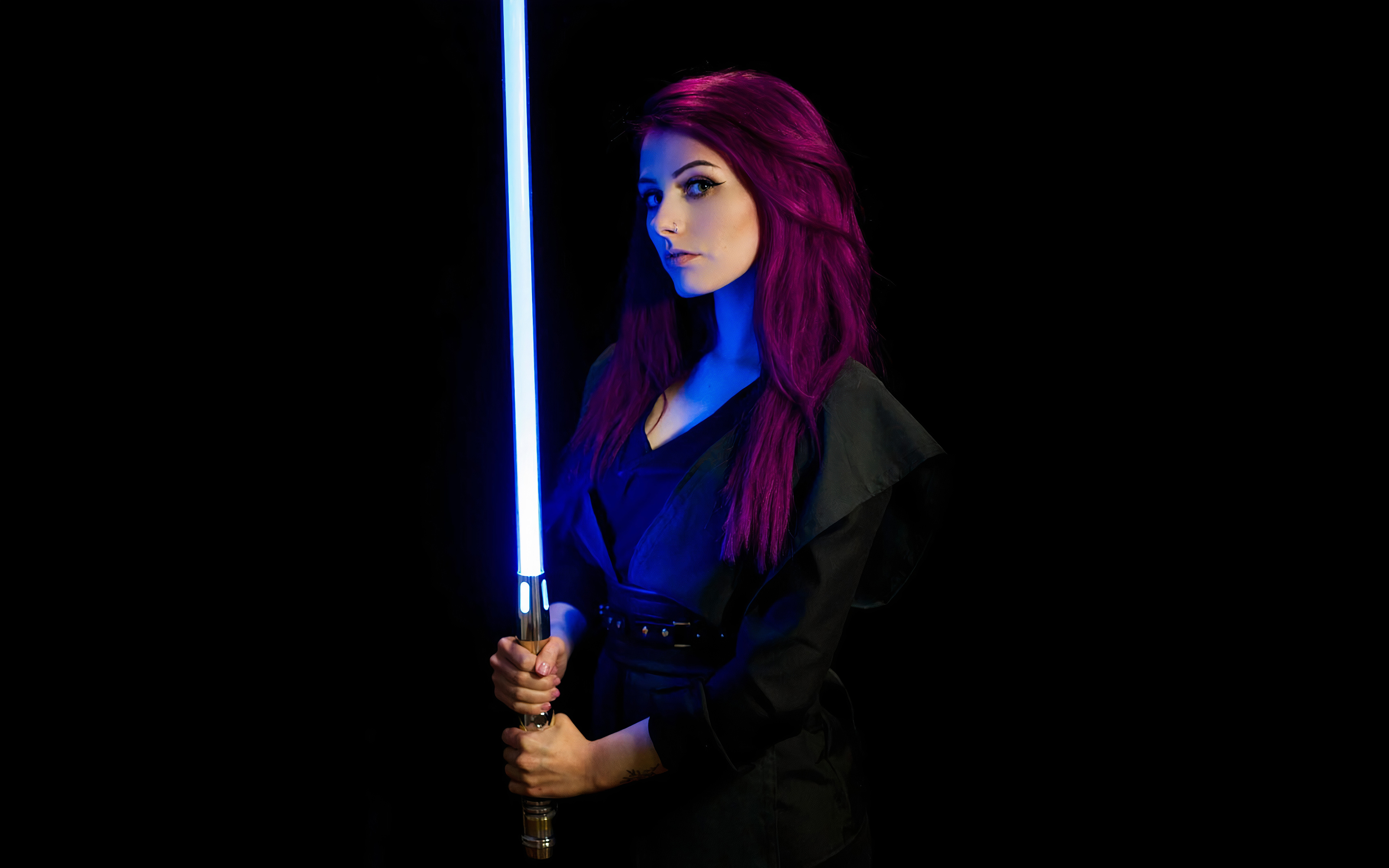 Woman with purple hair holding a blue lightsaber HD Wallpaper
