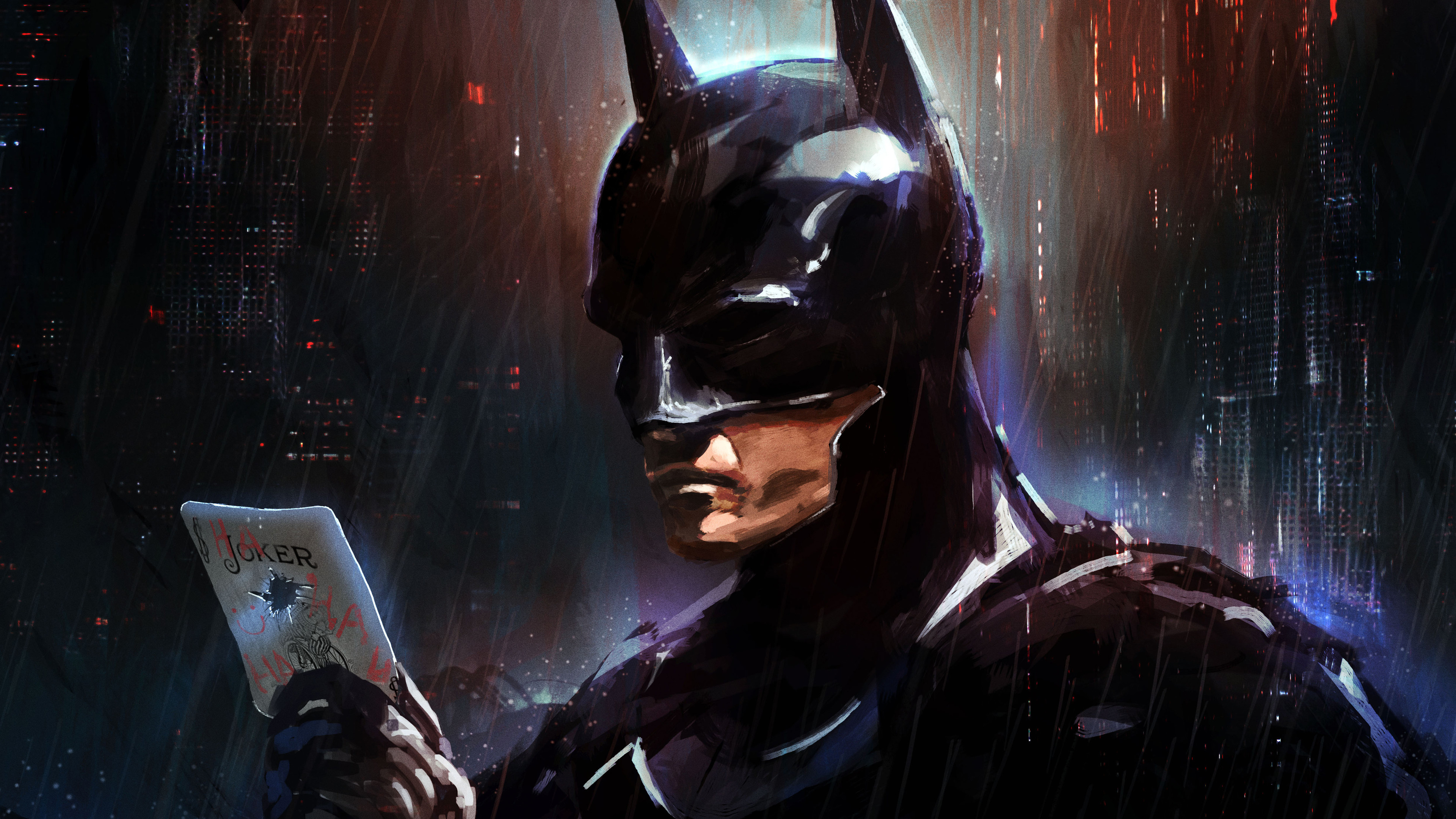 Batman holding a Joker card in Gotham City HD Wallpaper