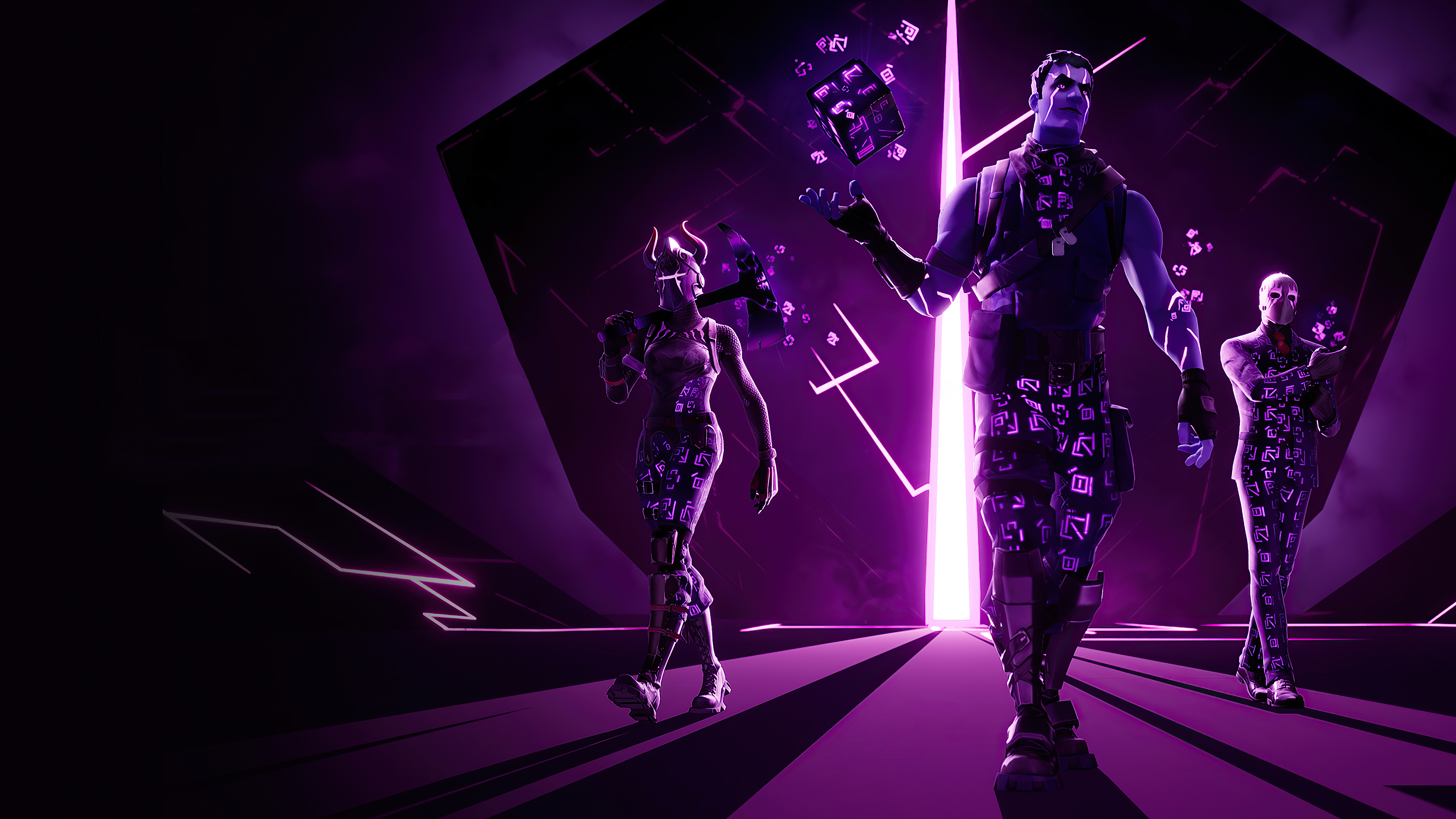 Fortnite characters in a purple geometric dimension HD Wallpaper