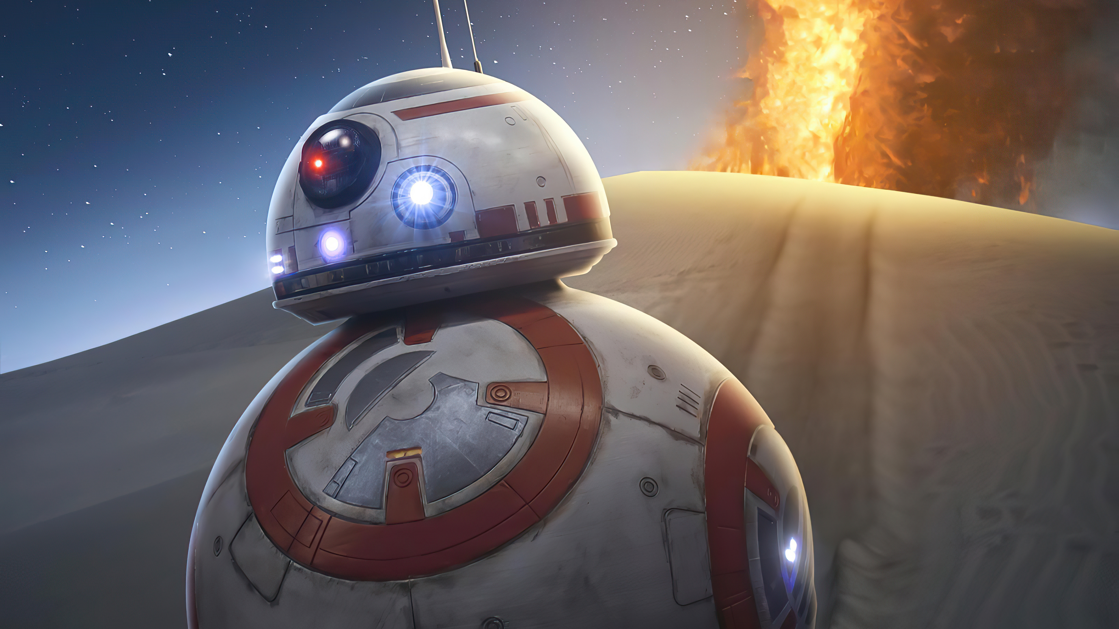 BB-8 from Star Wars in a desert with fire HD Wallpaper