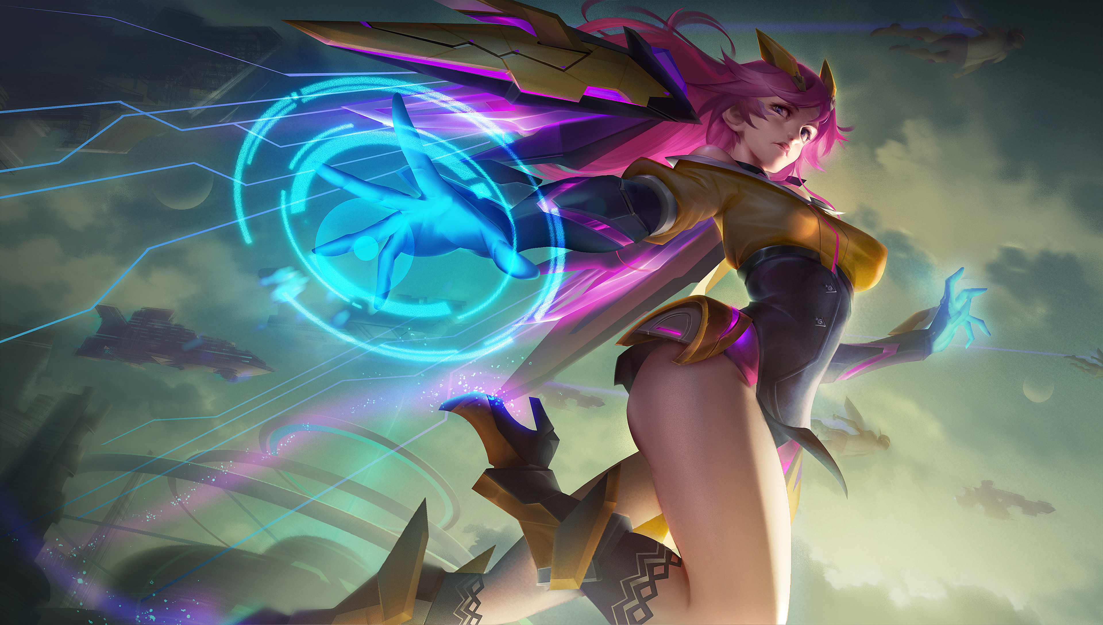 Artwork of a woman with pink hair and futuristic armor HD Wallpaper