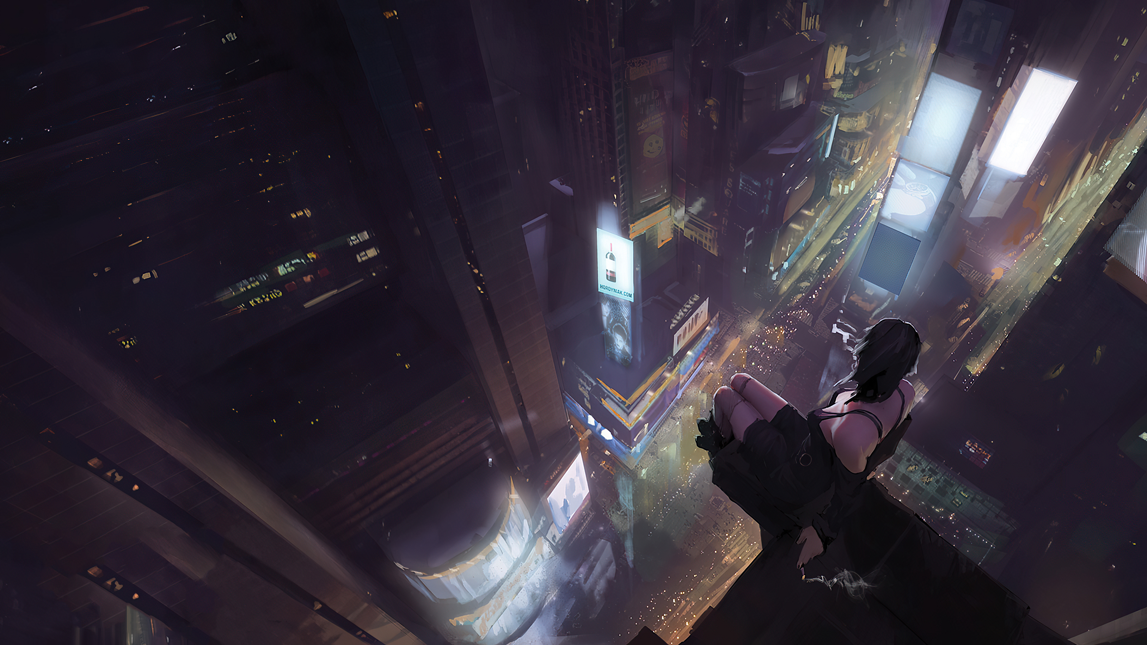 Woman sitting on skyscraper edge overlooking city at night HD Wallpaper