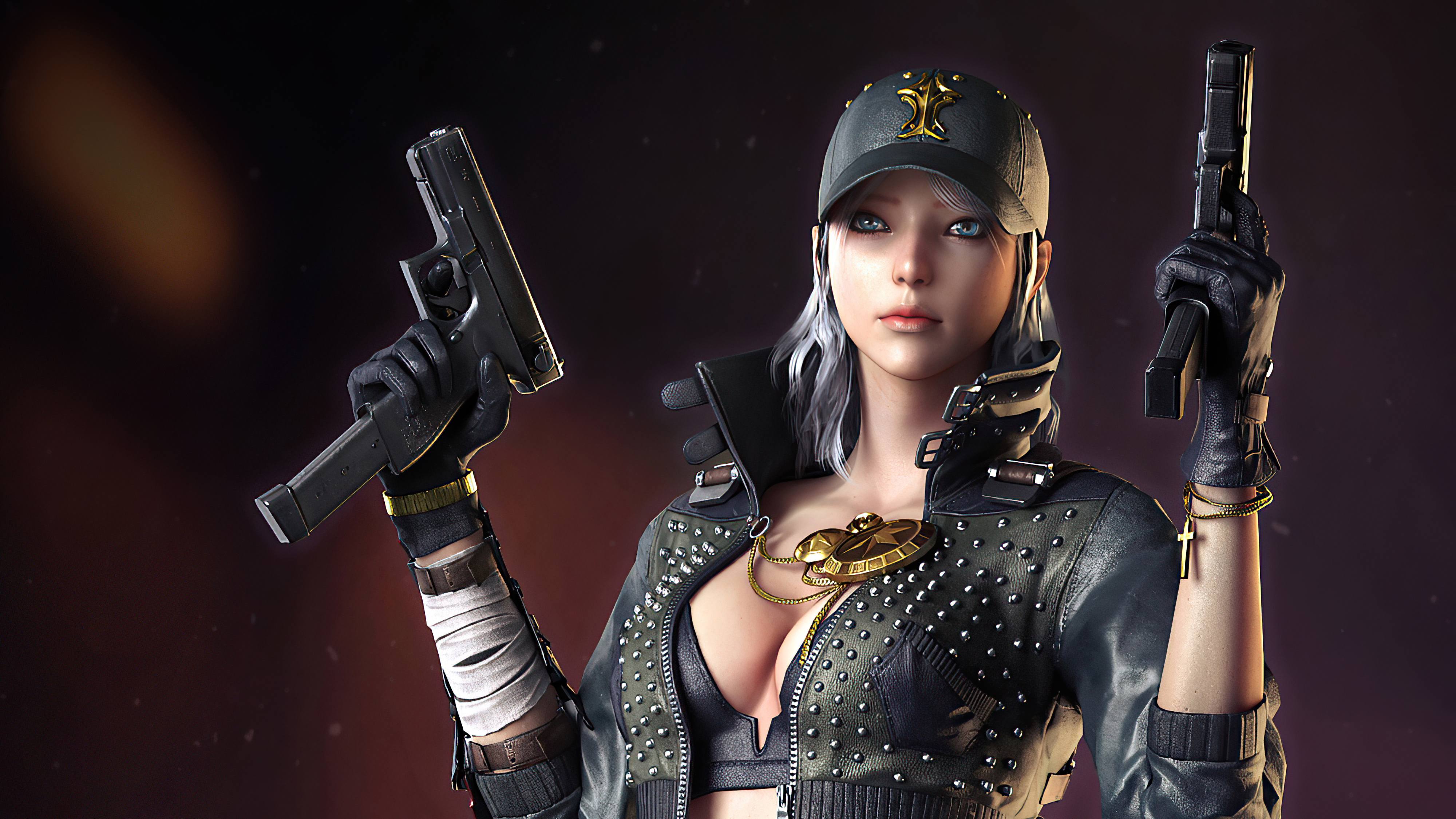Woman with two pistols and a cap HD Wallpaper